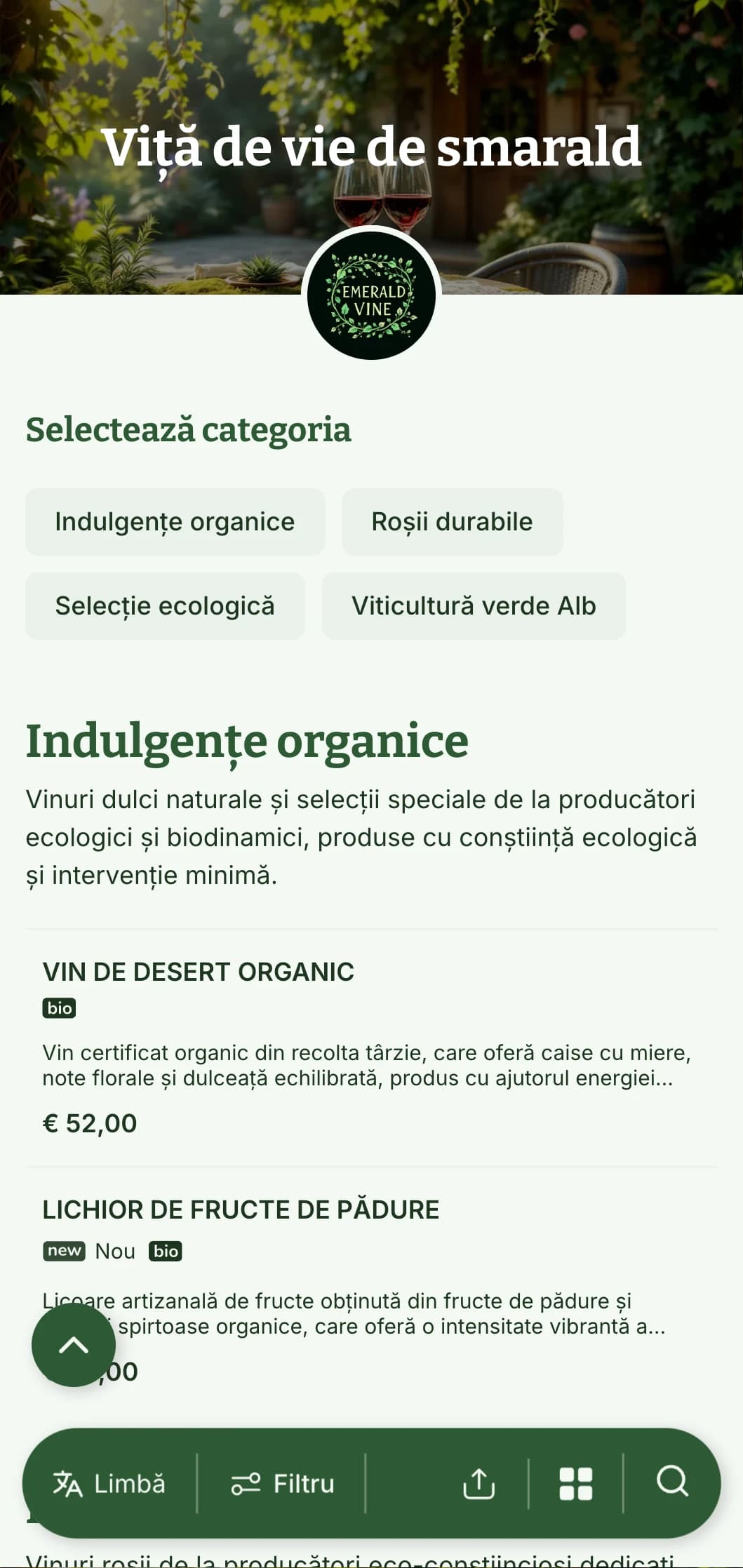 Șablon de listă de vinuri cu tematică verde, cu elemente botanice și texturi naturale, perfect pentru selecții de vinuri organice și restaurante cu grădină.