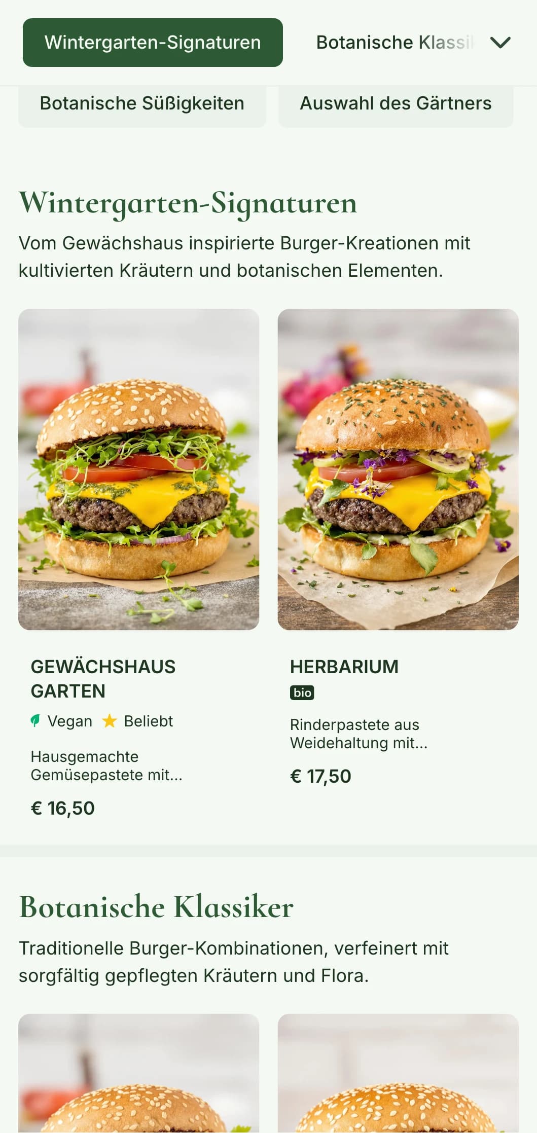 Auf Pflanzen ausgerichteter Burgergarten mit Gewächshauselementen und botanischen Illustrationen.