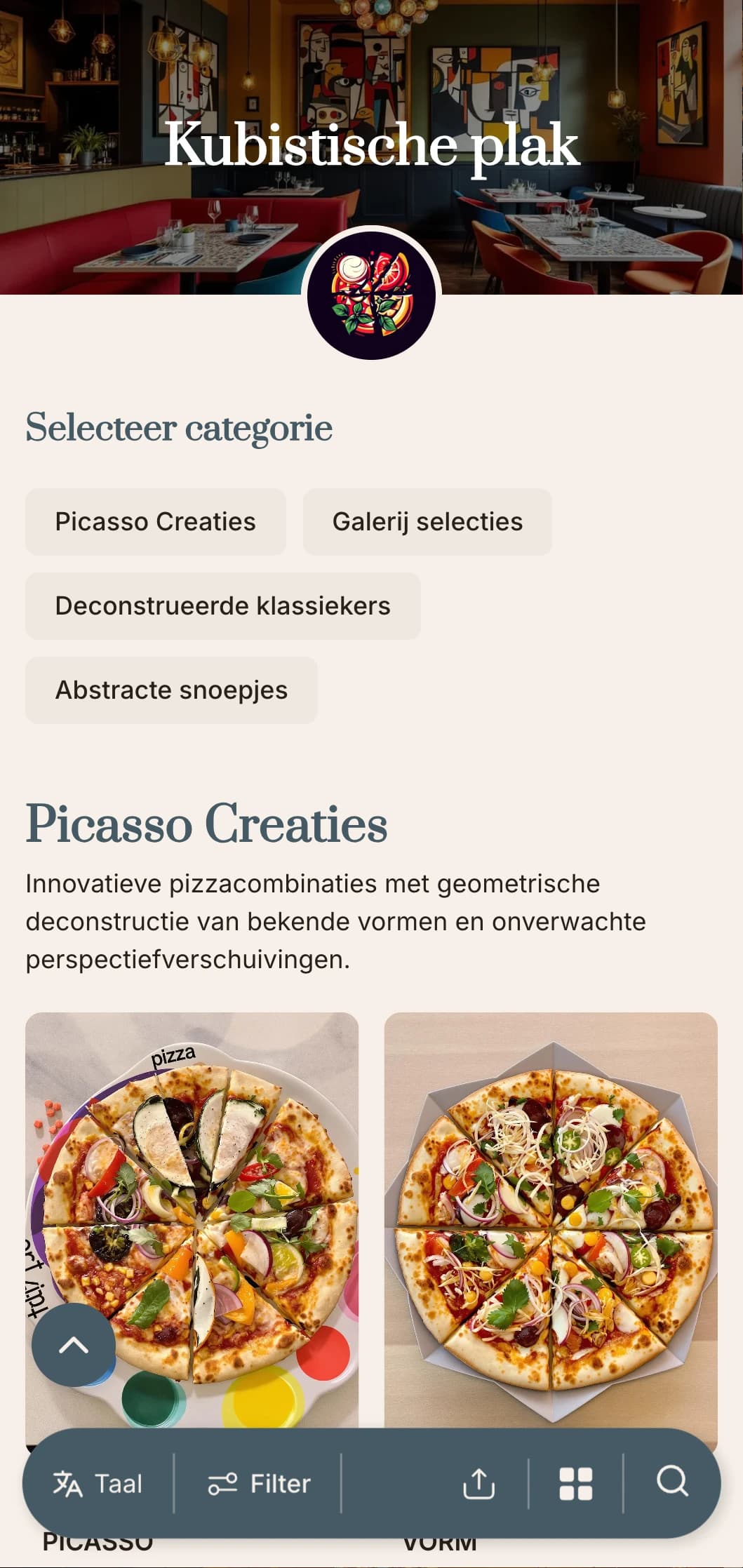 Op Picasso geïnspireerd pizzamenu met abstracte geometrische elementen en artistieke lay-out.