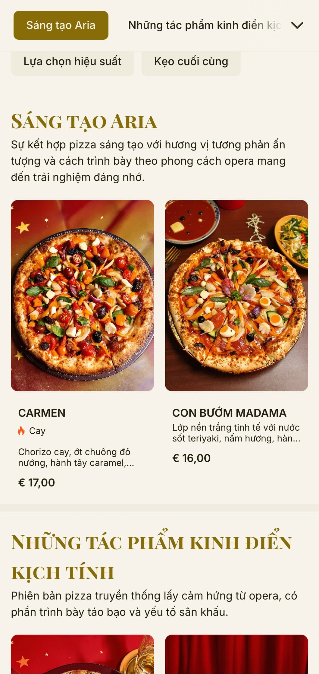 Thực đơn pizza sân khấu lấy cảm hứng từ vở opera Ý với hệ thống phân cấp hình ảnh ấn tượng.