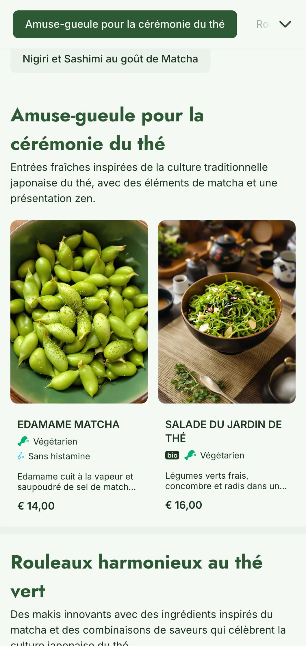 Menu de sushis contemporains aux tons verts matcha pour les établissements soucieux de leur santé et inspirés par le thé.