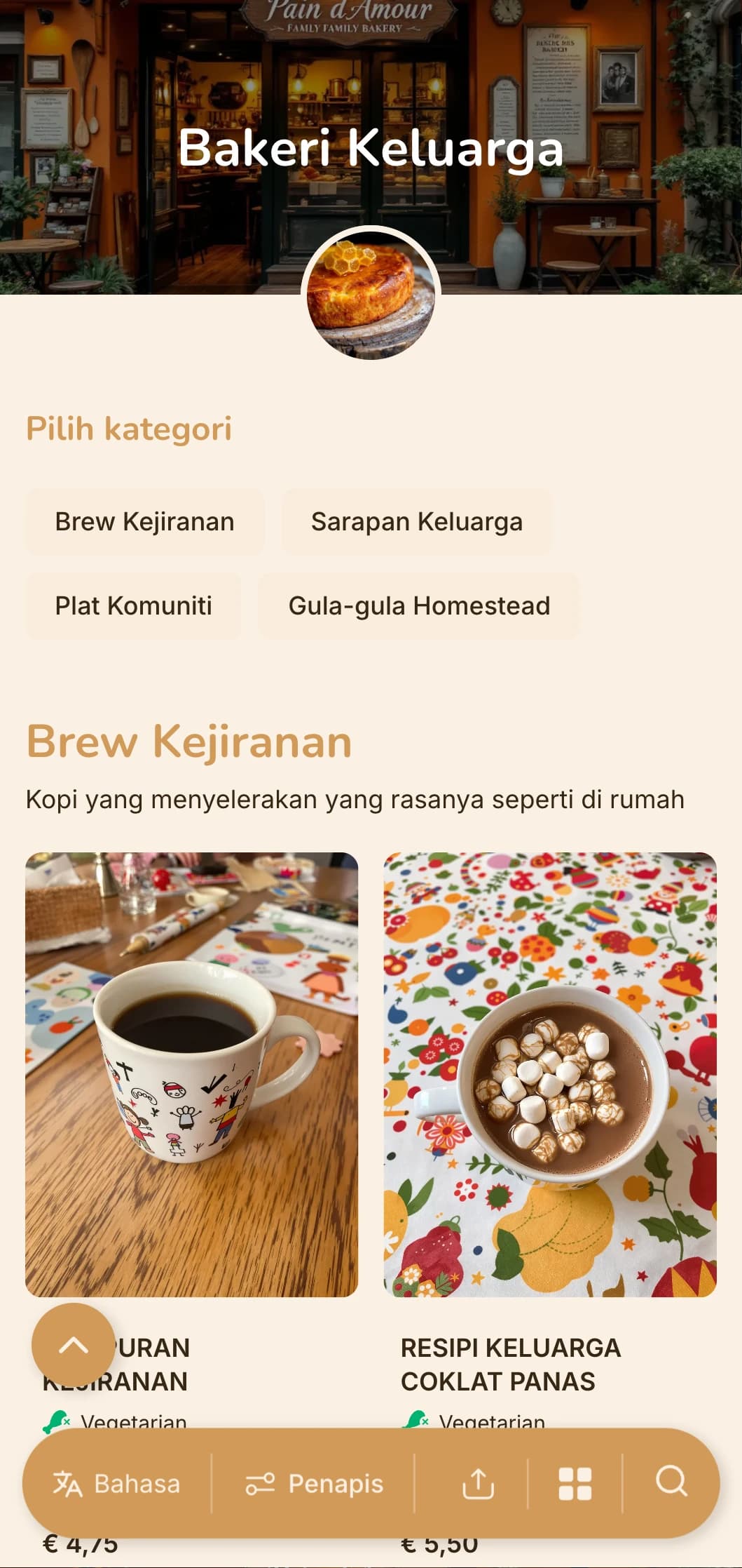 Reka bentuk oren hangat dengan unsur-unsur selesa untuk kedai roti yang dikendalikan oleh keluarga dan kafe kejiranan.