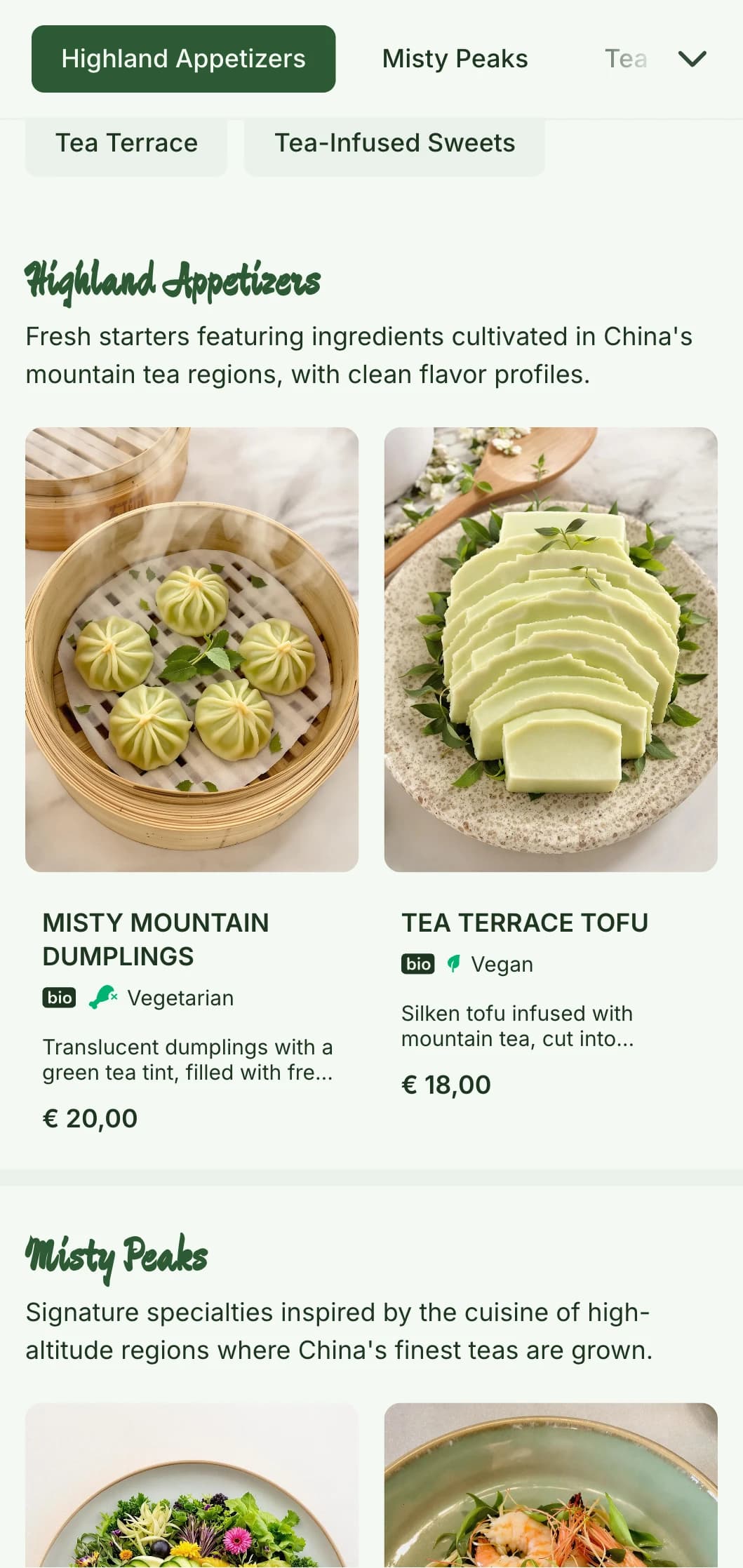 Serene Chinese menu design inspired by mountain tea plantations, with fresh elements for tea-infused cuisine.
