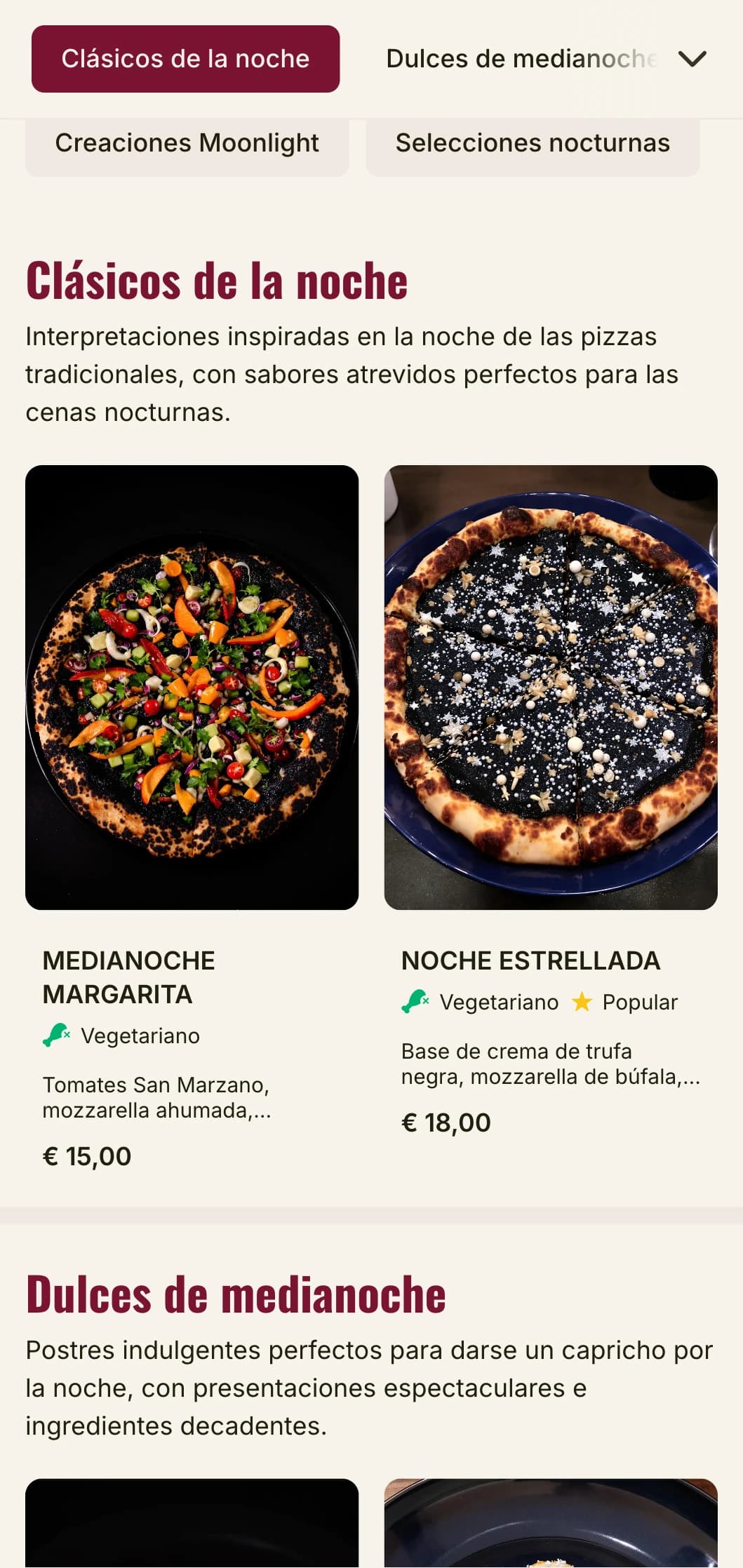 Menú de pizzería nocturna con estética oscura y tenebrosa para cenas nocturnas.