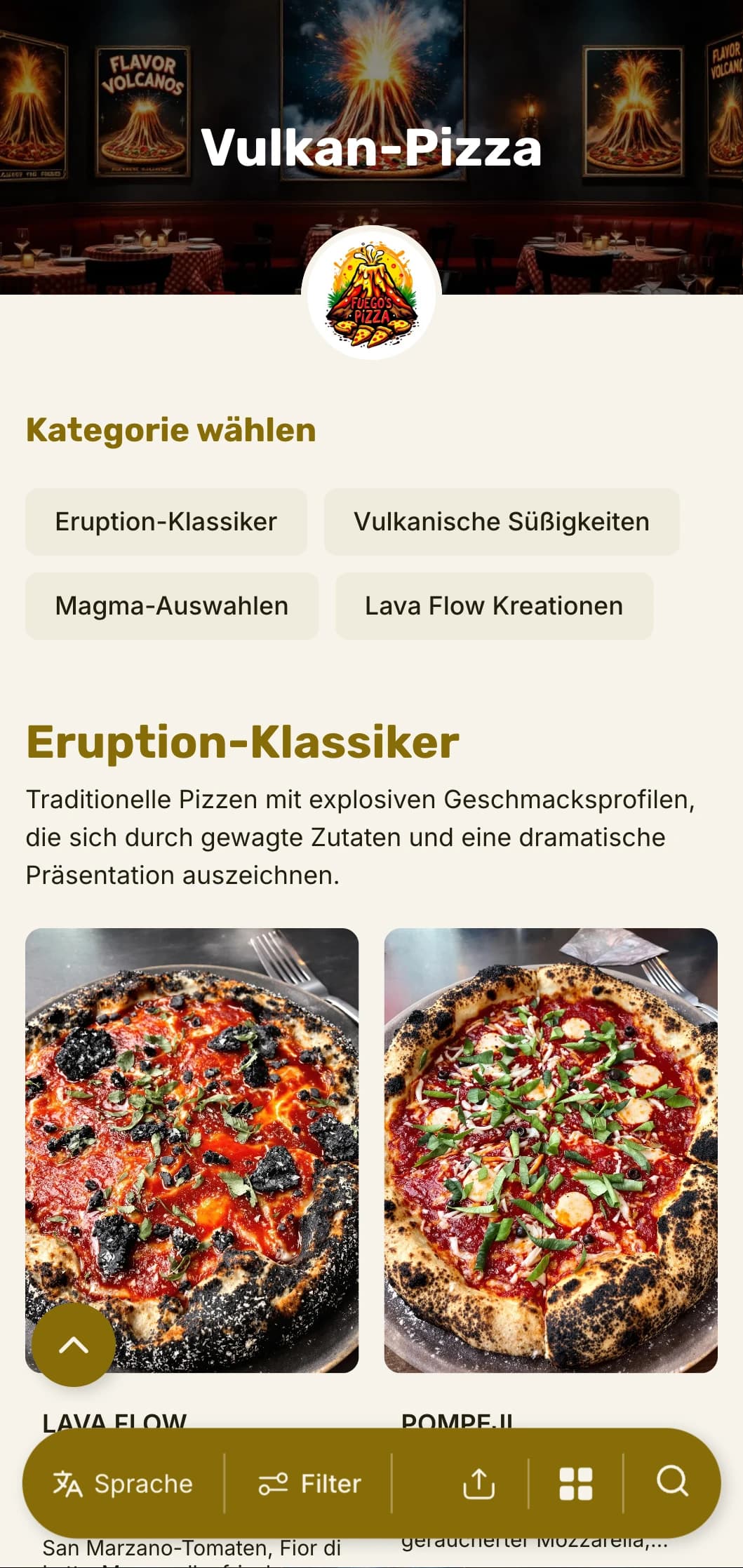 Kühnes, auffälliges Pizzamenü mit dramatischer visueller Hierarchie für abenteuerlustige Pizzerien.