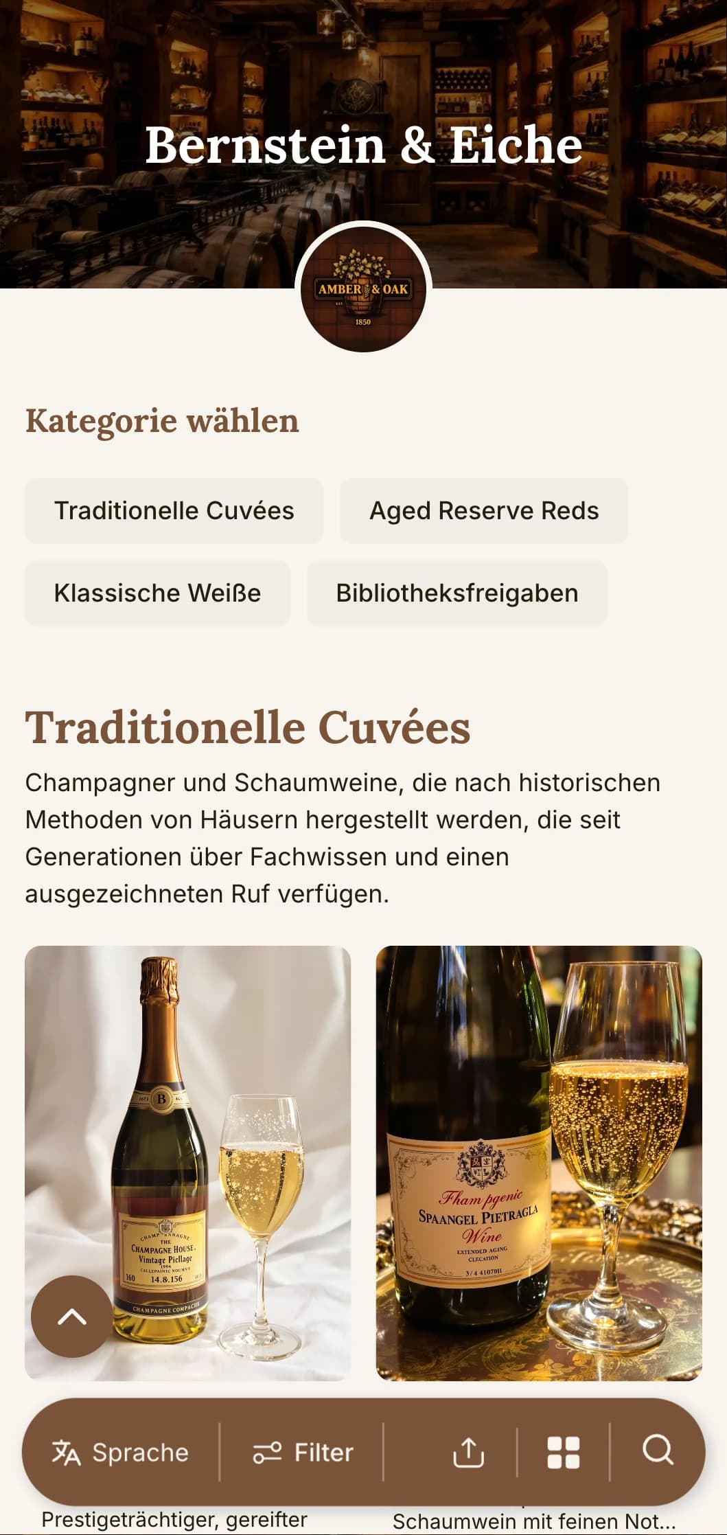 Eine traditionelle Weinkartenvorlage mit Bernstein- und Eichenakzenten, perfekt für etablierte Weinkellereien und Restaurants mit Kellerprogrammen.