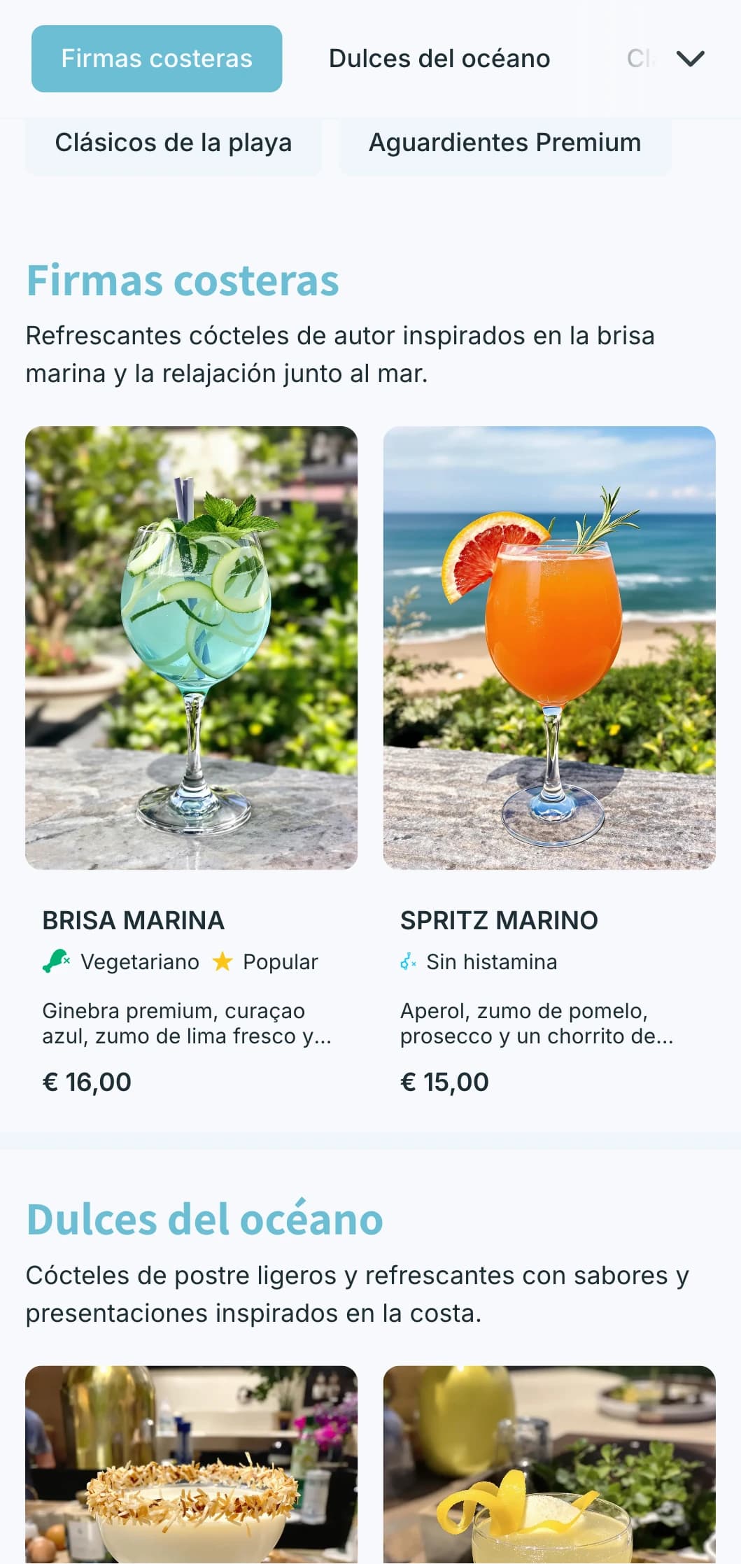 Un diseño fresco de inspiración costera para bares y clubes de playa, con tonos azules claros y tipografía aérea.