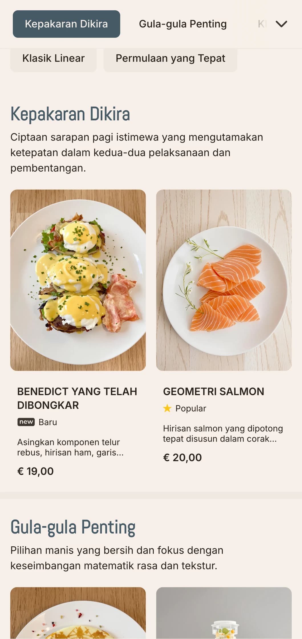Pilihan sarapan yang bersih dan tersusun tepat dengan persembahan minimalis dan rasa yang seimbang dengan teliti.