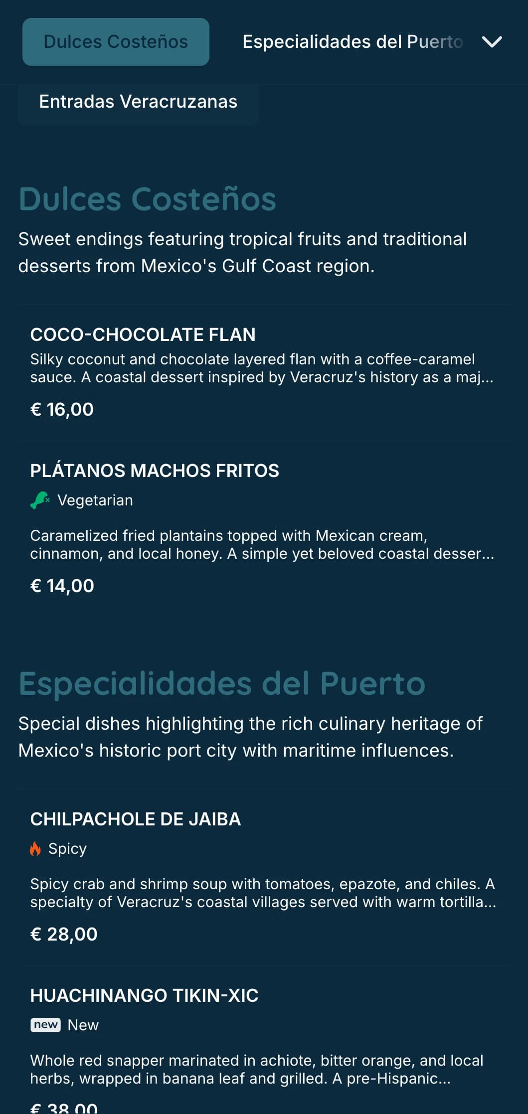Fresh and flavorful coastal menu showcasing Veracruz seafood specialties with turquoise accents, coastal imagery, and signature fish preparations.