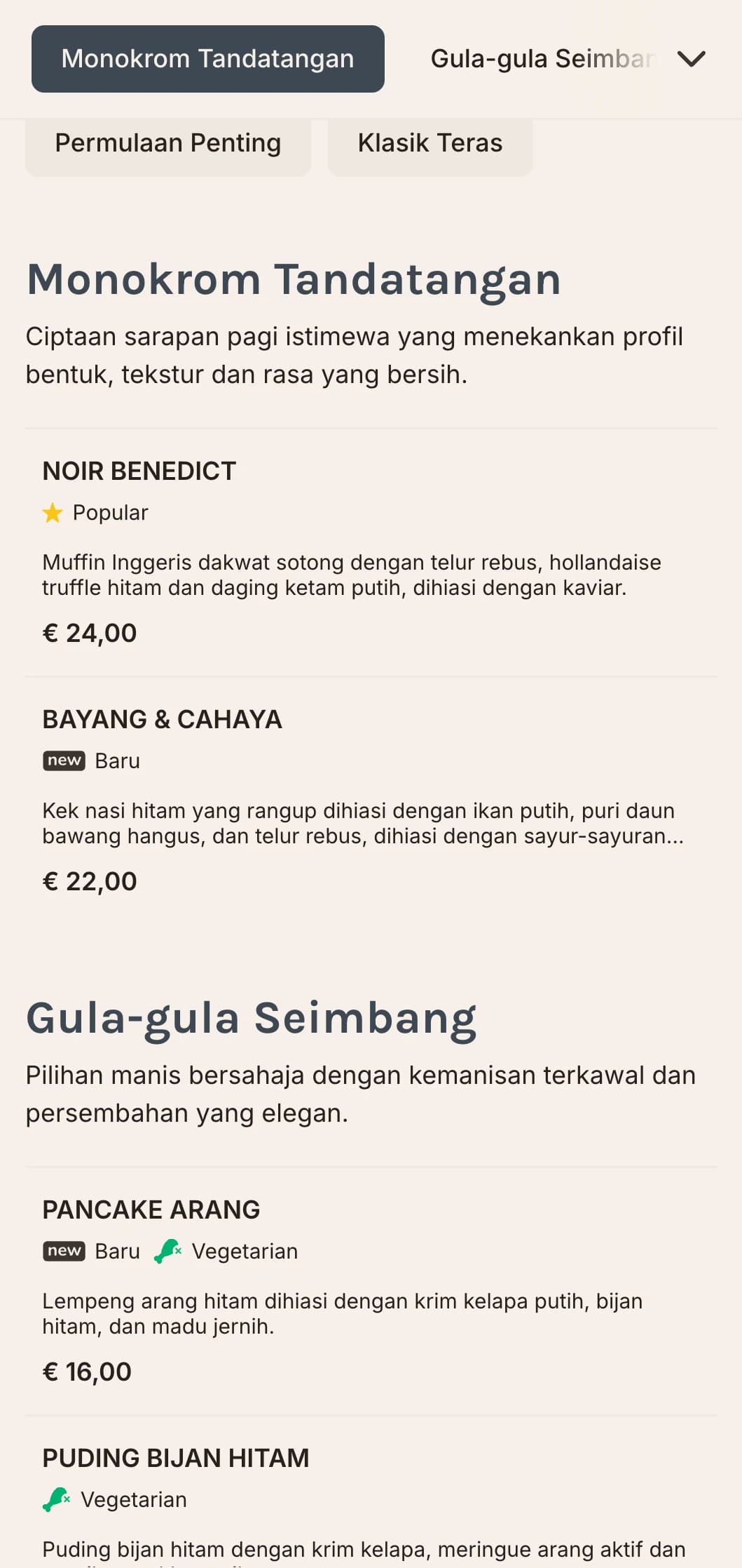 Pilihan sarapan yang anggun dan bergaya disajikan dalam palet monokromatik yang menarik untuk restoran yang mementingkan reka bentuk.