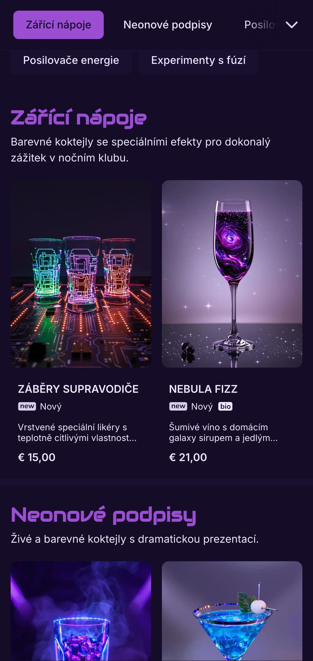 Vysoce kontrastní fialovo-černý design s neonovými prvky pro moderní koktejlové bary.