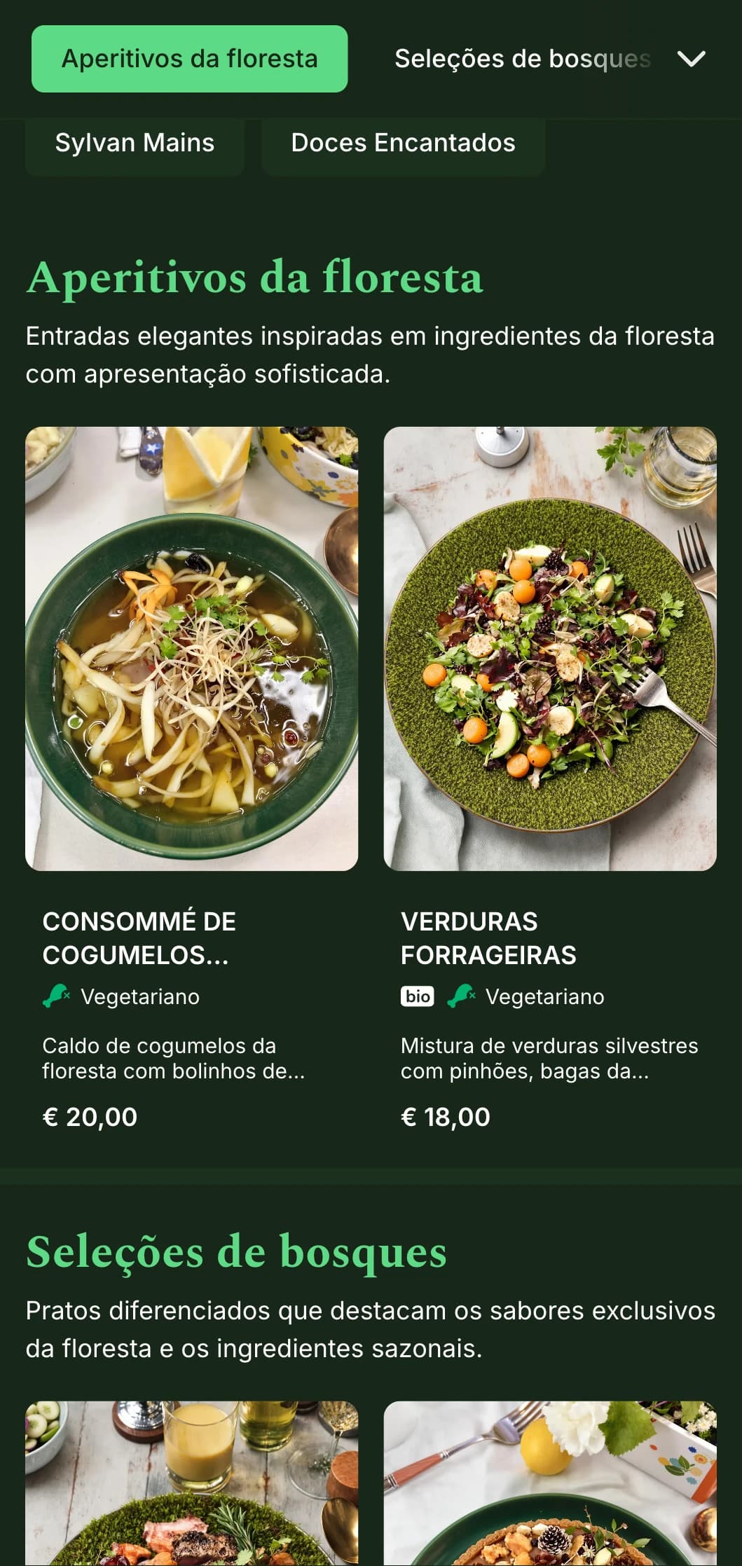 Um menu de jantar sofisticado inspirado em tons profundos de floresta e texturas naturais, perfeito para a culinária inspirada na floresta.