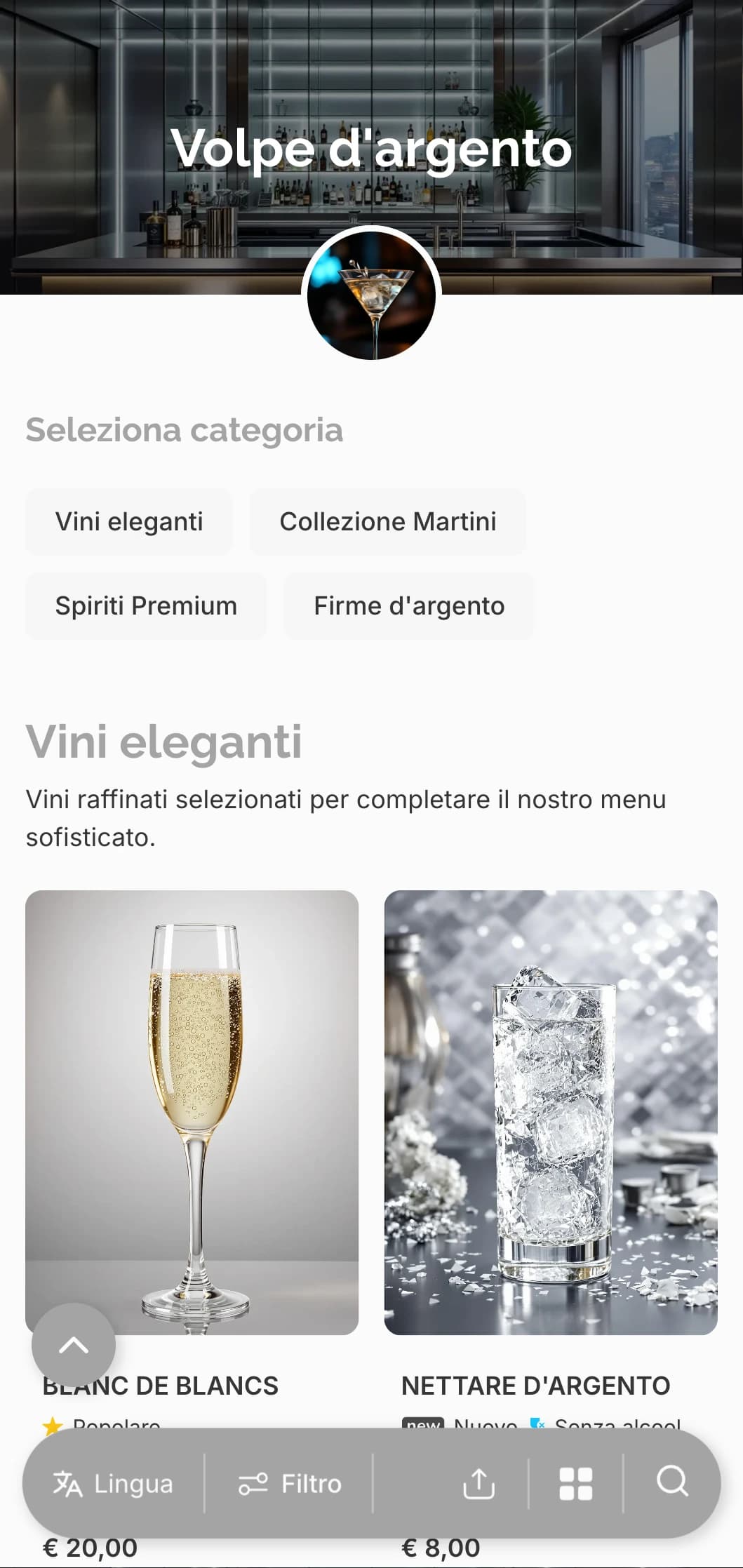 Design fresco e grigio-argento per bar e lounge di alto livello.