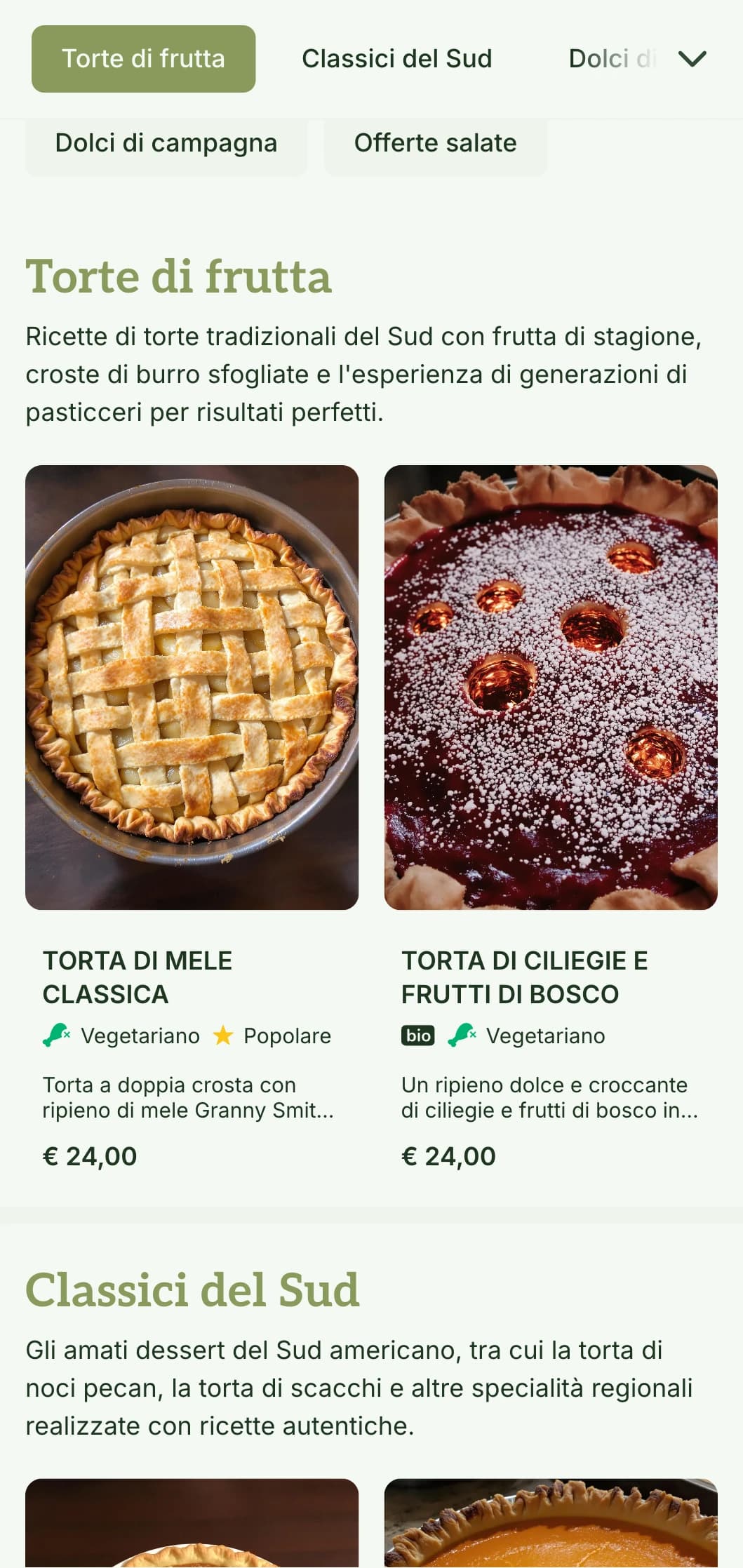Un design di menu per panetteria caldo e ispirato al Sud, con toni olivastri e tipografia tradizionale, perfetto per pasticcerie e panetterie in stile meridionale.