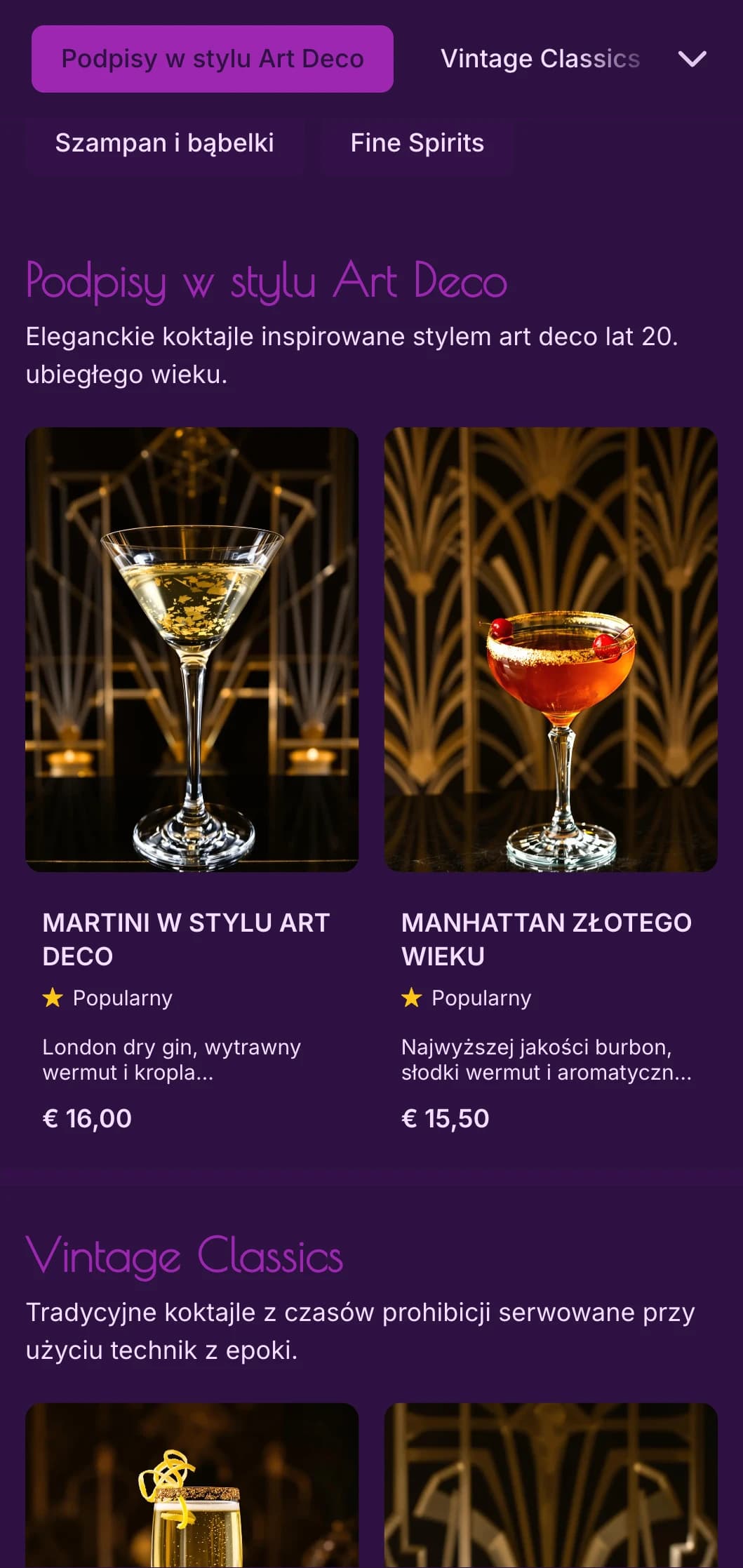 Elegancki fioletowo-złoty design inspirowany stylem art deco z lat 20. ubiegłego wieku dla ekskluzywnych salonów koktajlowych.