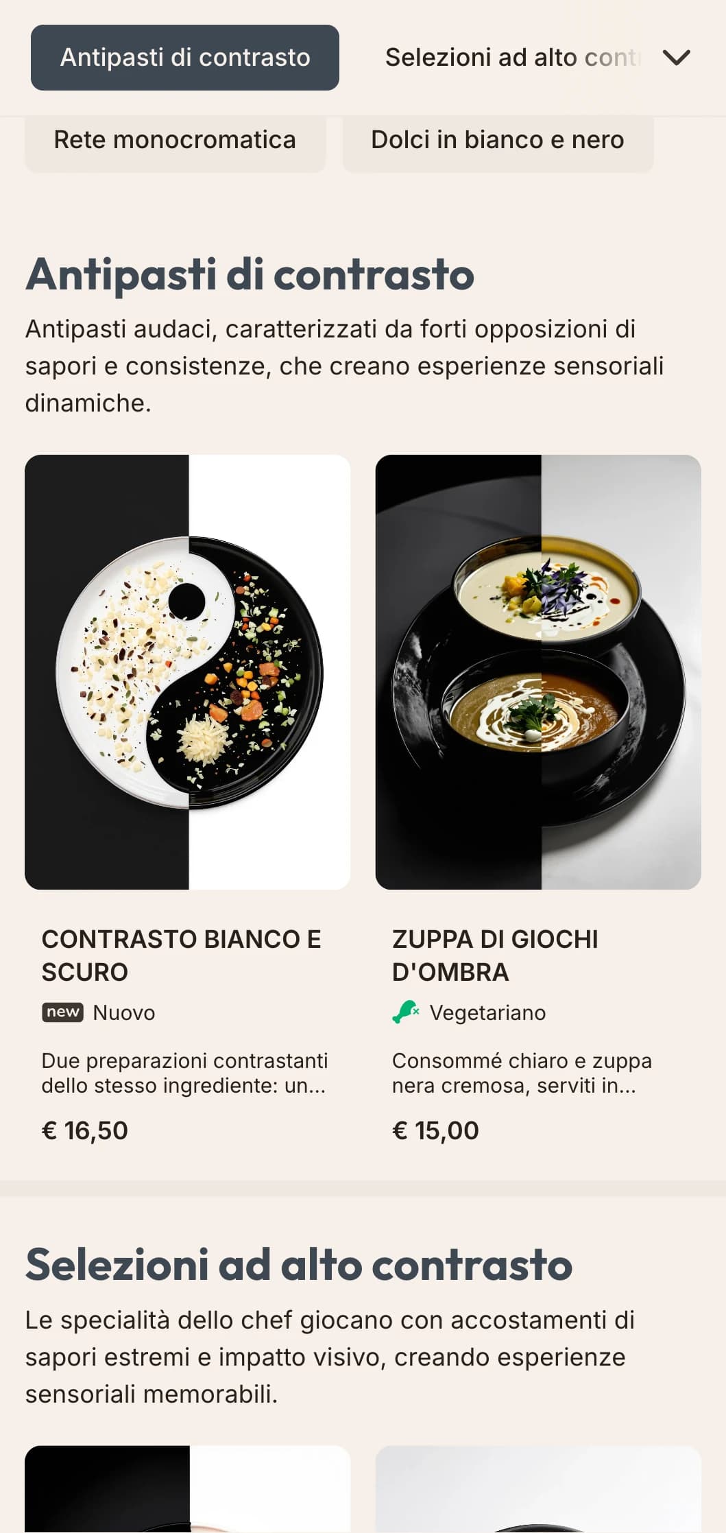 Design del menu del pranzo in bianco e nero, ad alto contrasto e con una tipografia decisa, perfetto per ristoranti minimalisti e spazi artistici contemporanei.