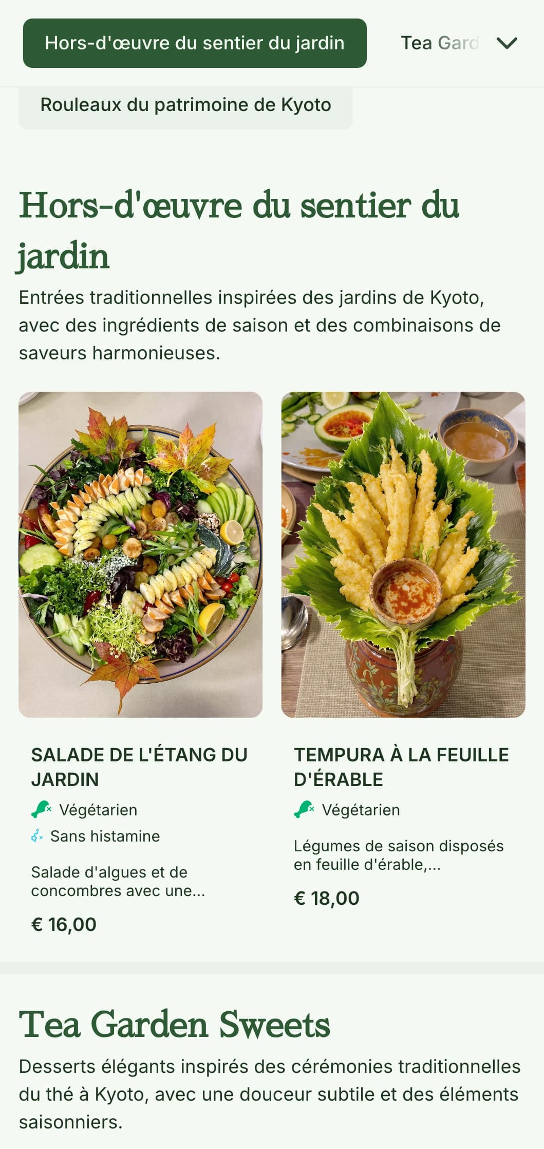 Menu de sushi traditionnel inspiré d'un jardin japonais, avec des tons verts sereins et des éléments classiques.