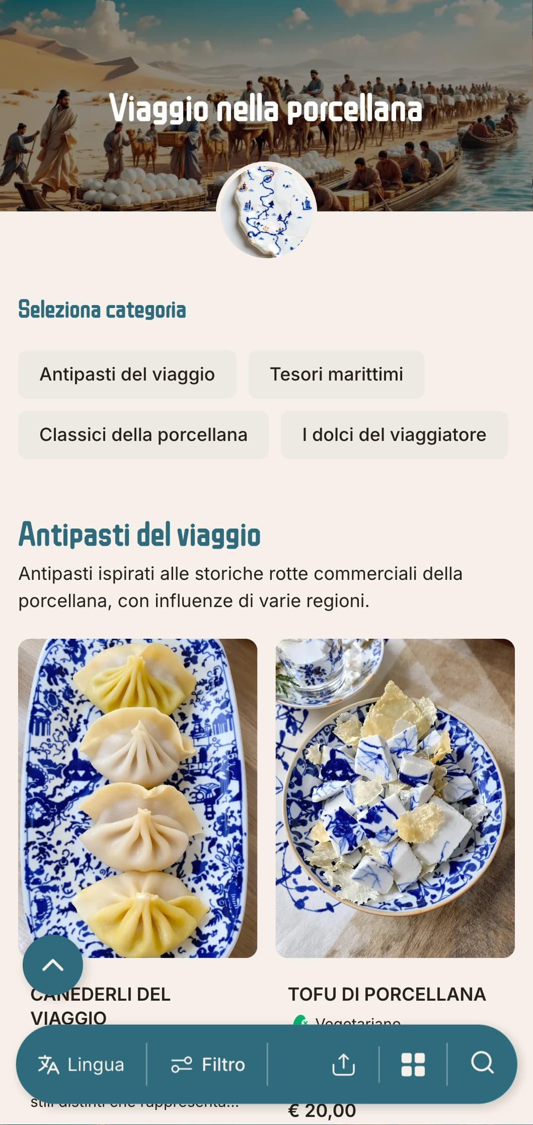 Elegante design del menu cinese ispirato alle rotte commerciali della porcellana, con elementi storici per una cucina autentica.