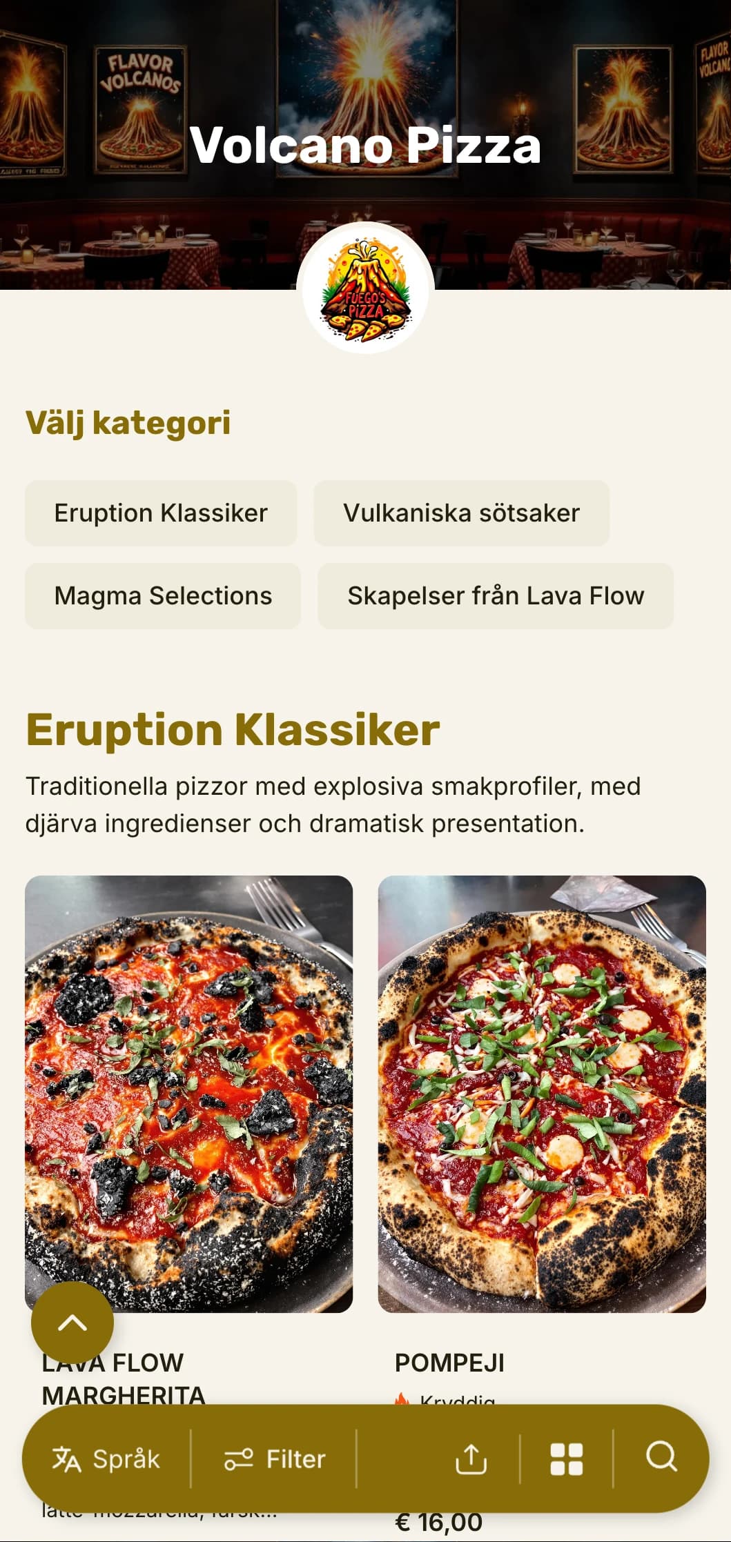 Djärv, iögonfallande pizzameny med dramatisk visuell hierarki för äventyrliga pizzerior.
