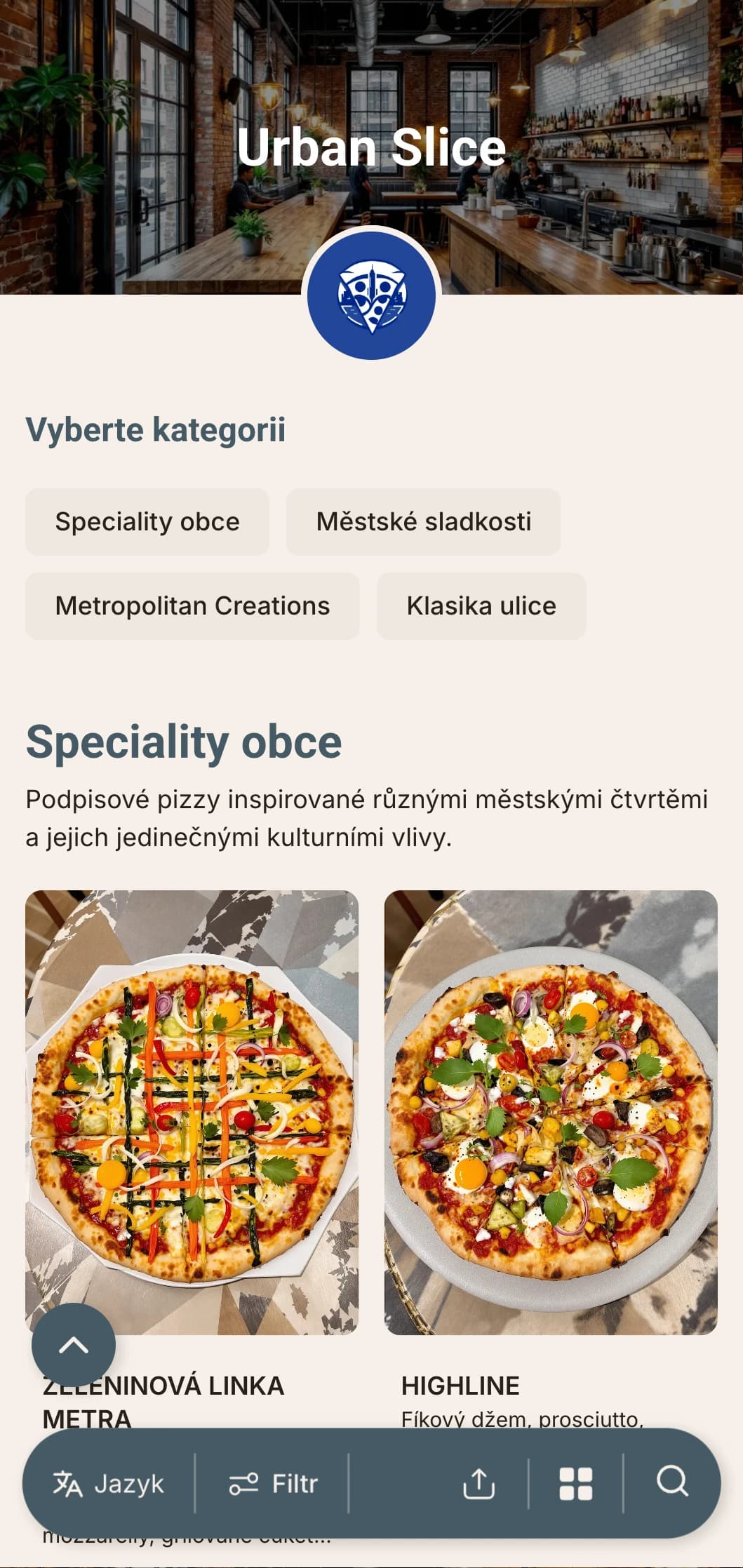 Moderní městské pizza menu s prvky industriálního designu, ideální pro pizzerie v centru města.