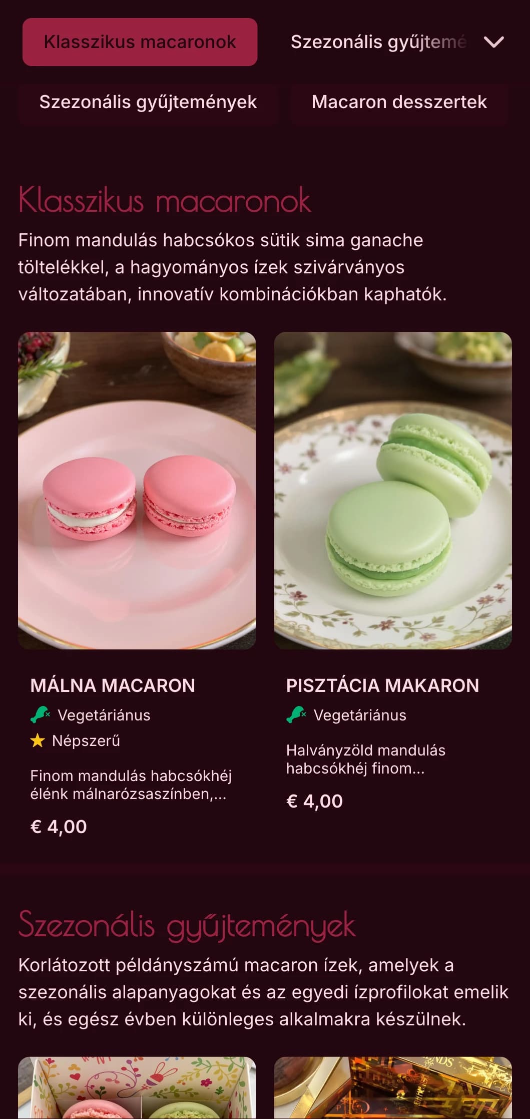 Színes, luxusra összpontosító pékségi menüterv gazdag rózsaszín tónusokkal és elegáns tipográfiával, ideális macaron-specialisták és high-end desszertboltok számára.
