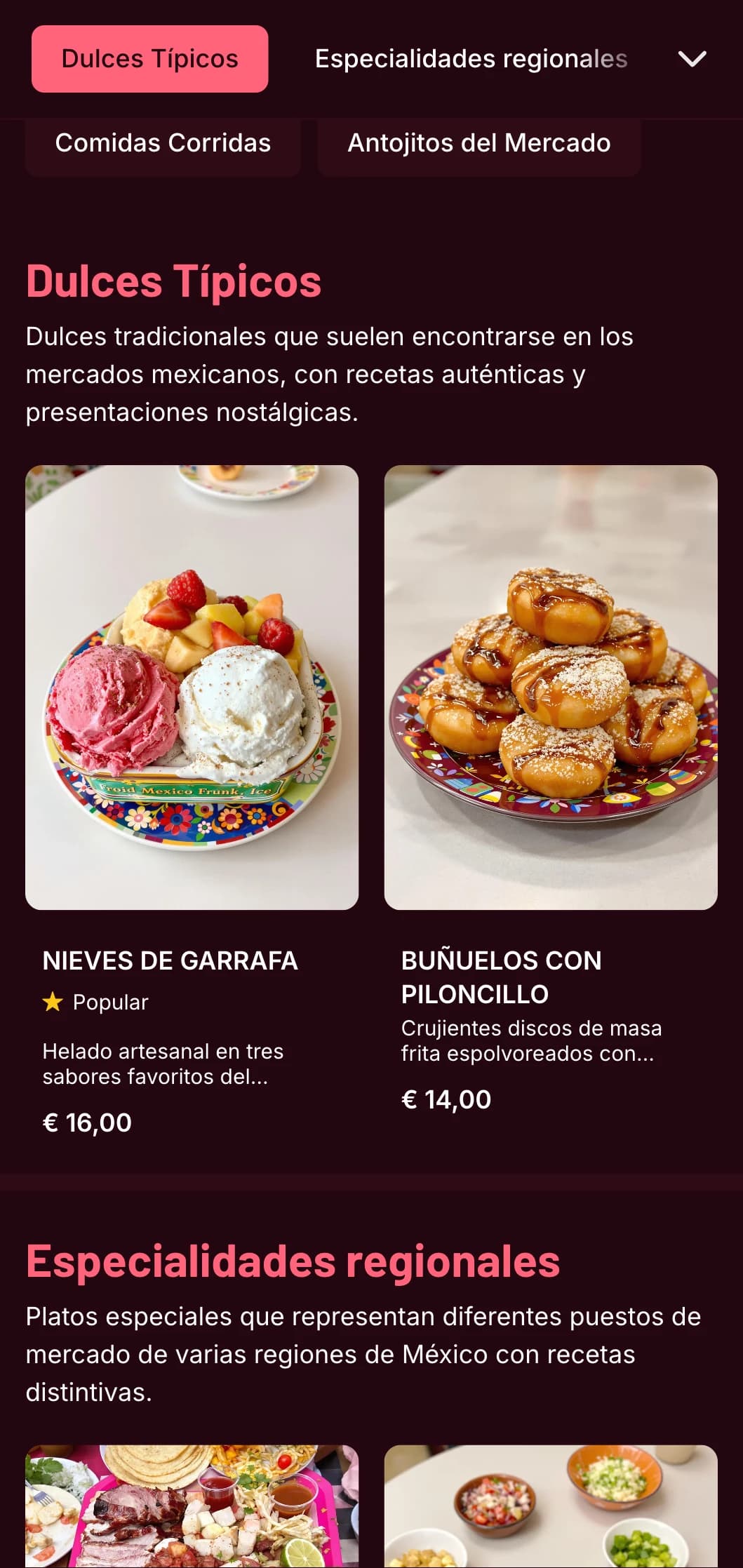 Colorido y auténtico menú mexicano inspirado en el mercado, con detalles en rosa brillante, ingredientes frescos y antojitos y comida callejera tradicionales.