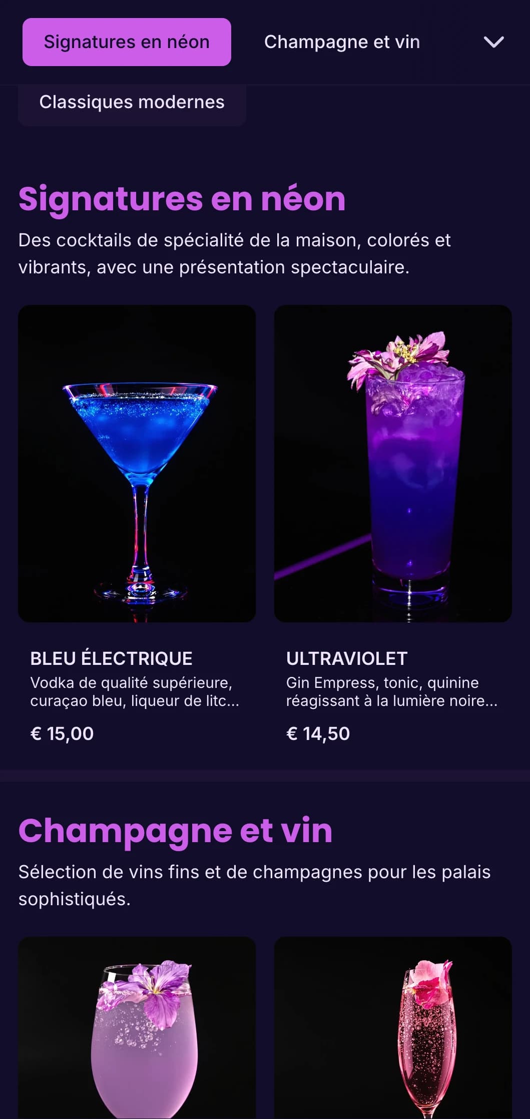 Design vibrant violet et ultraviolet pour les boîtes de nuit et les salons de cocktails branchés.
