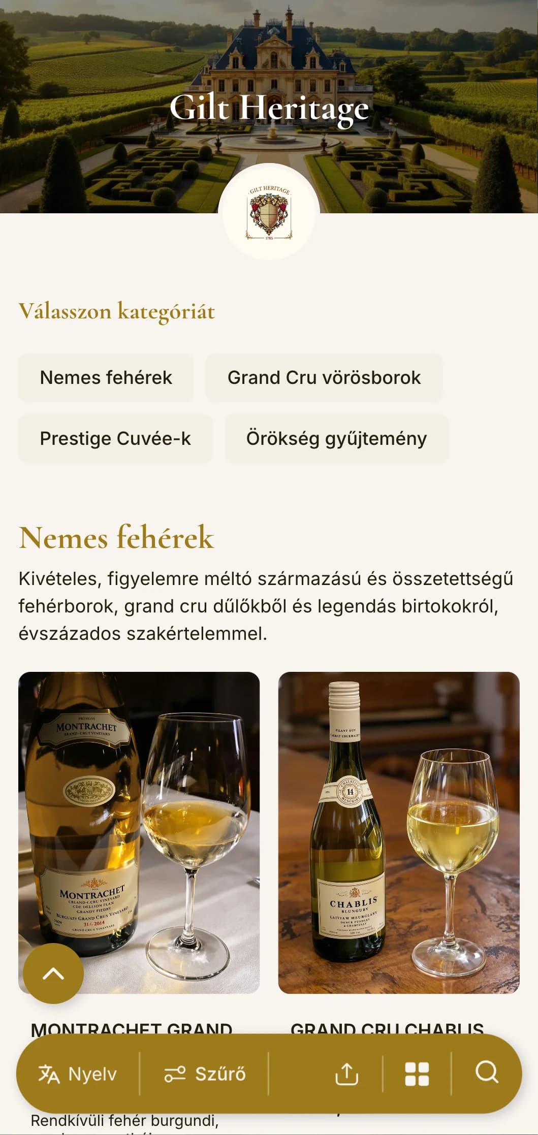 Fényűzően hagyományos borlap sablon arany ékezetekkel és örökségi elemekkel, amely tökéletes a bevált borászatok és klasszikus fine dining éttermek számára.