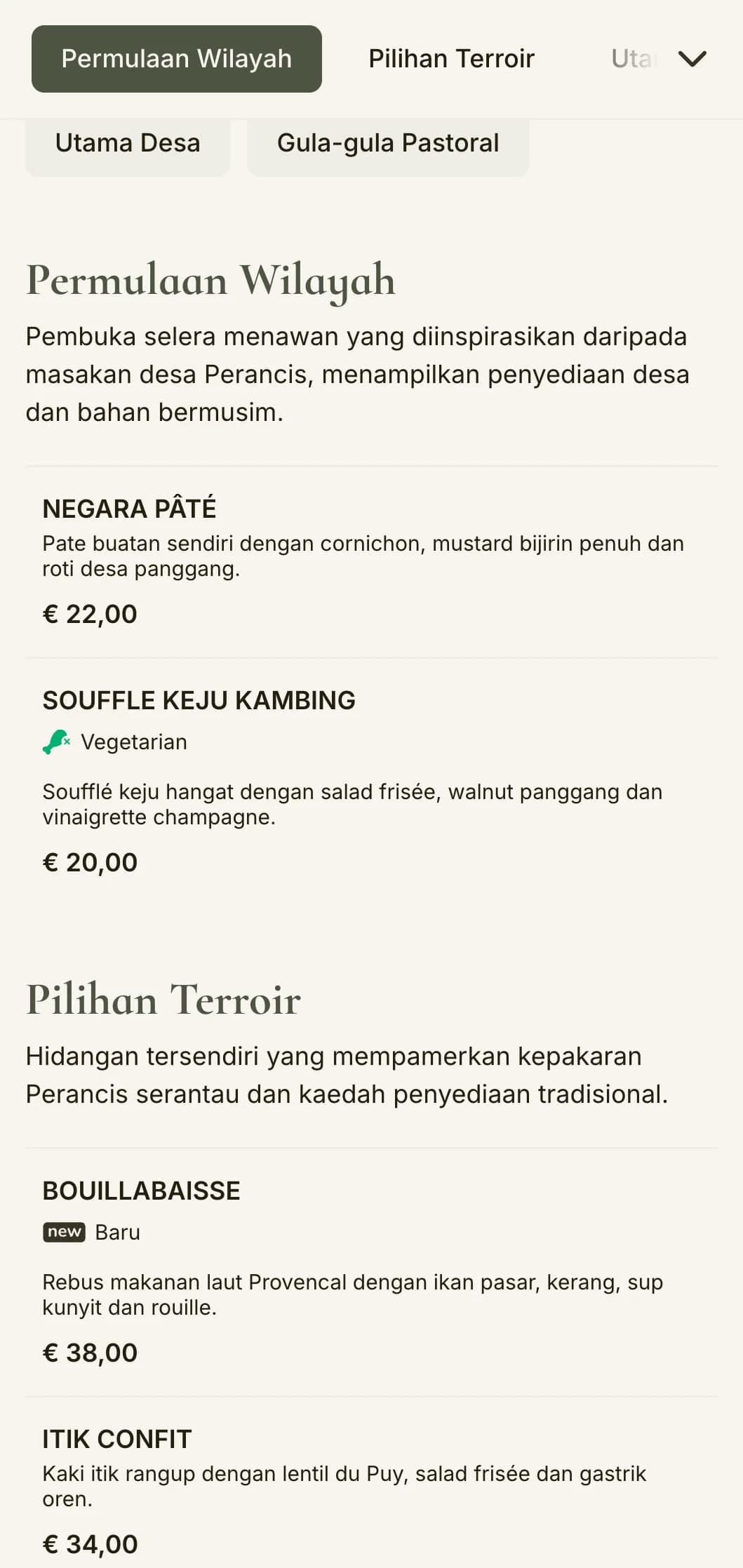 Menu makan malam yang menawan yang diilhamkan oleh estetika desa Perancis, menampilkan rona hijau bijak dan keanggunan desa.