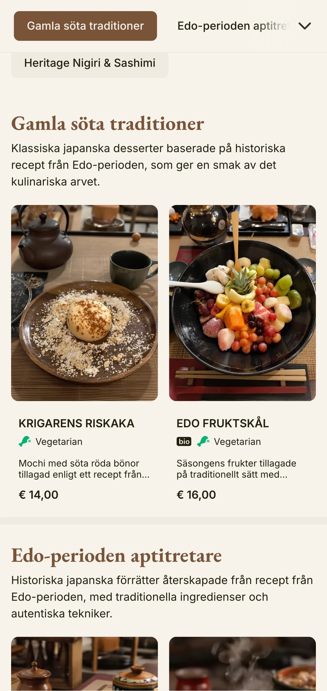 Historisk japanskinspirerad sushimeny med traditionell estetik från Edo-perioden och klassisk typografi.