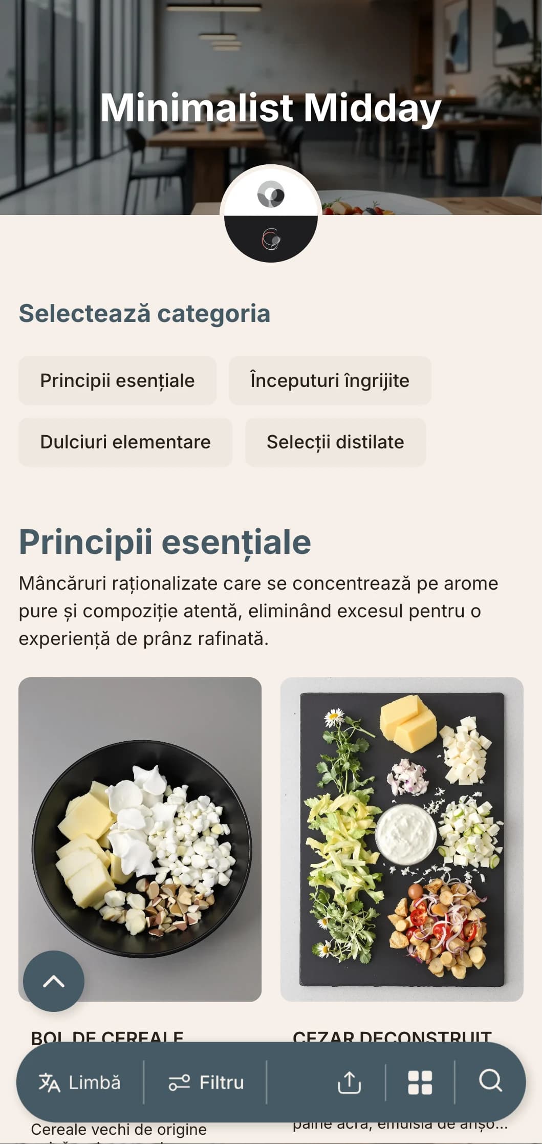 Design ultra-curat, minimalist al meniului de prânz, cu spații albe ample și tipografie precisă, potrivit pentru restaurantele urbane contemporane cu o abordare orientată spre design.