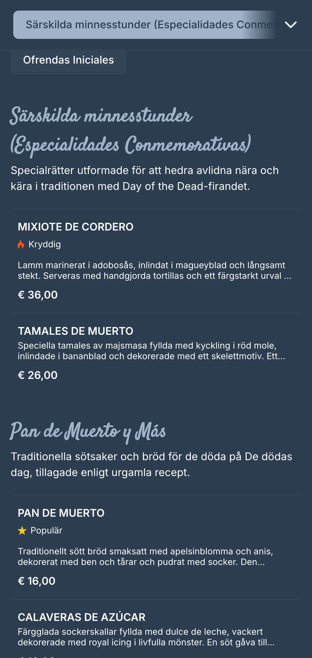 Konstnärlig och festlig meny med Day of the Dead-tema med rika blågrå toner, motiv av sockerdödskallar och speciella säsongsbetonade erbjudanden.