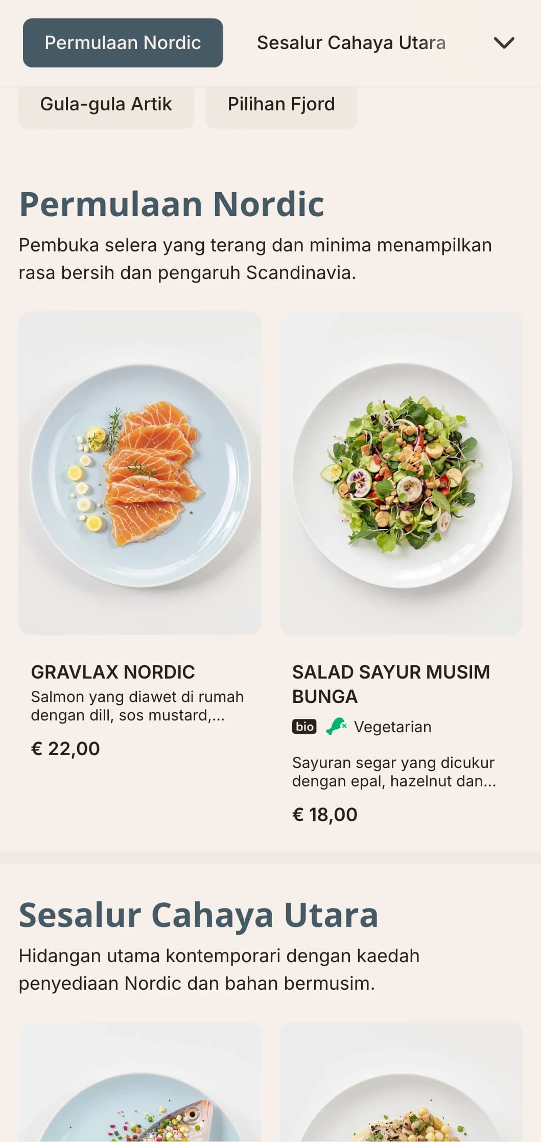 Menu makan malam yang terang dan bersih dengan pengaruh Scandinavia dan aksen biru pucat, sesuai untuk masakan berinspirasikan Nordic.