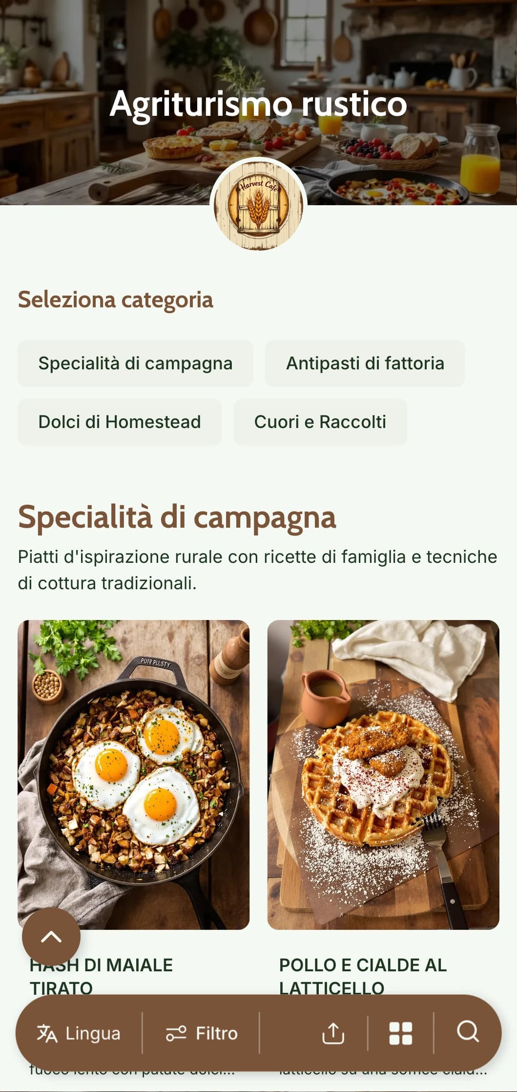 Modello per brunch caldo e rustico, con texture in legno ed elementi casalinghi, ideale per locali in stile country e farm-to-table.