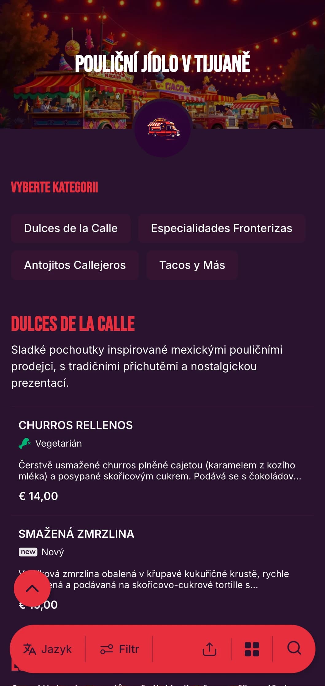 Výrazné a energické menu inspirované živou tijuanskou scénou s pestrými barvami, neformální typografií a autentickými specialitami taco.