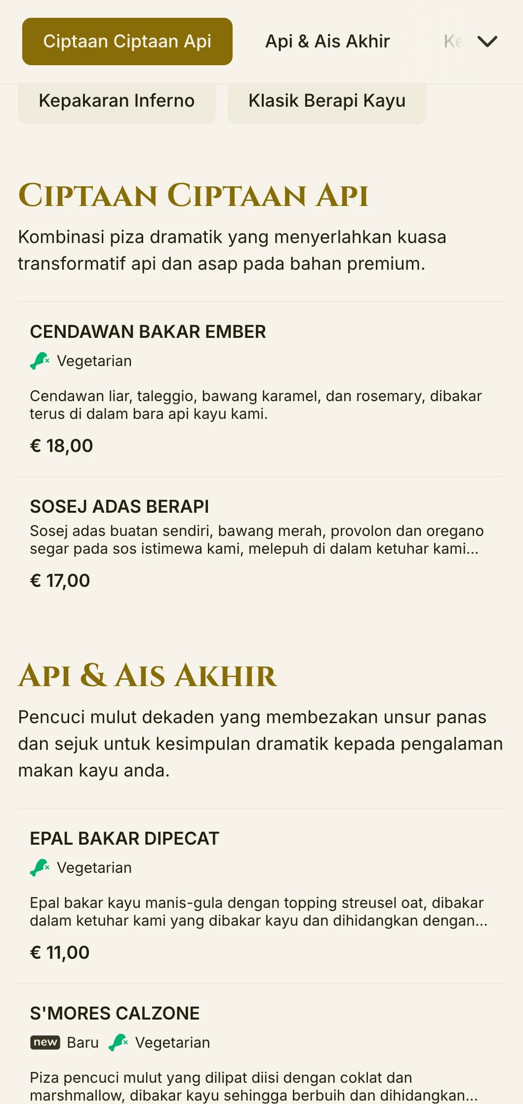 Menu piza dramatik yang menampilkan warna yang kaya dan tipografi yang berani untuk pakar yang menggunakan kayu.