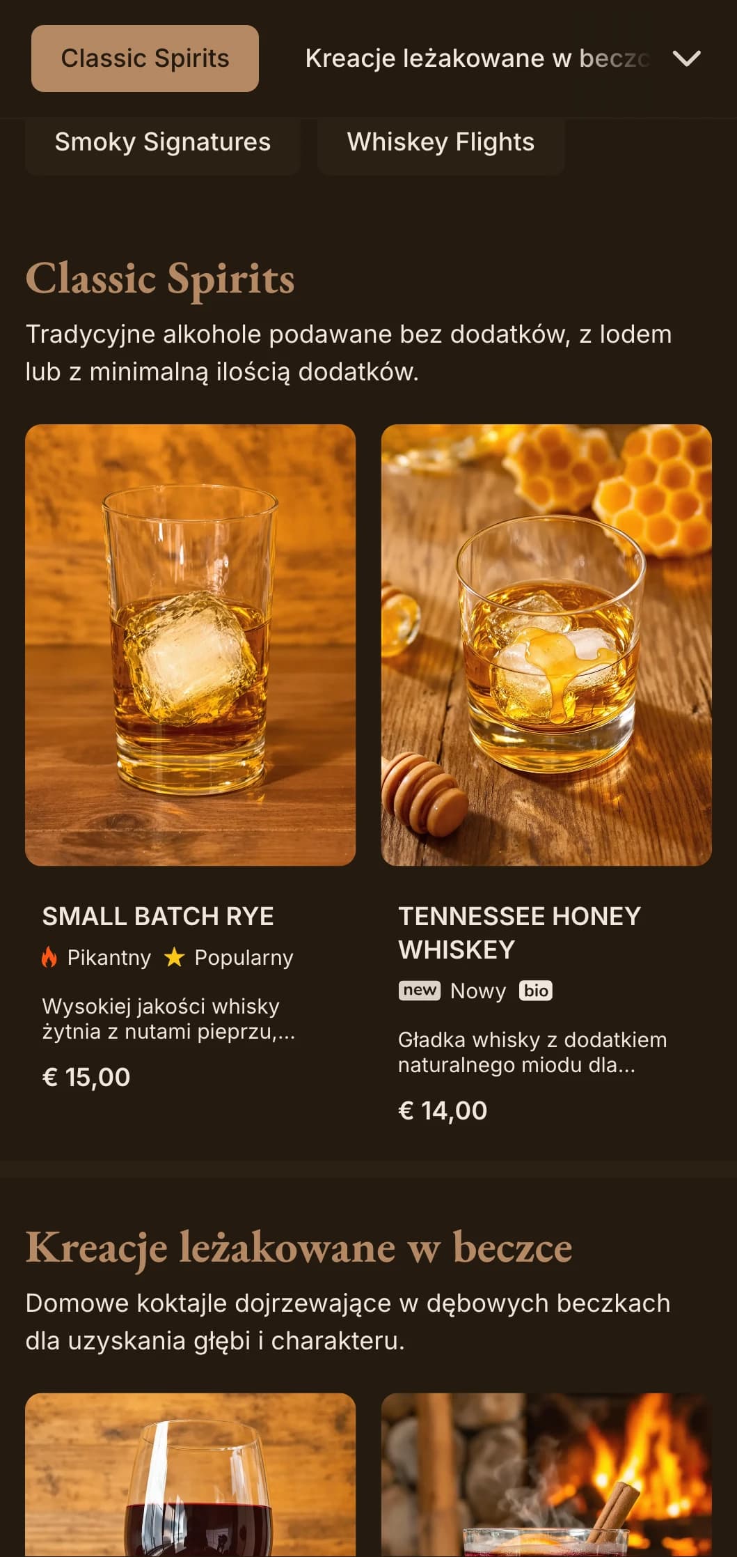 Bogate brązowe odcienie z klasyczną typografią dla barów whisky i tradycyjnych pubów.