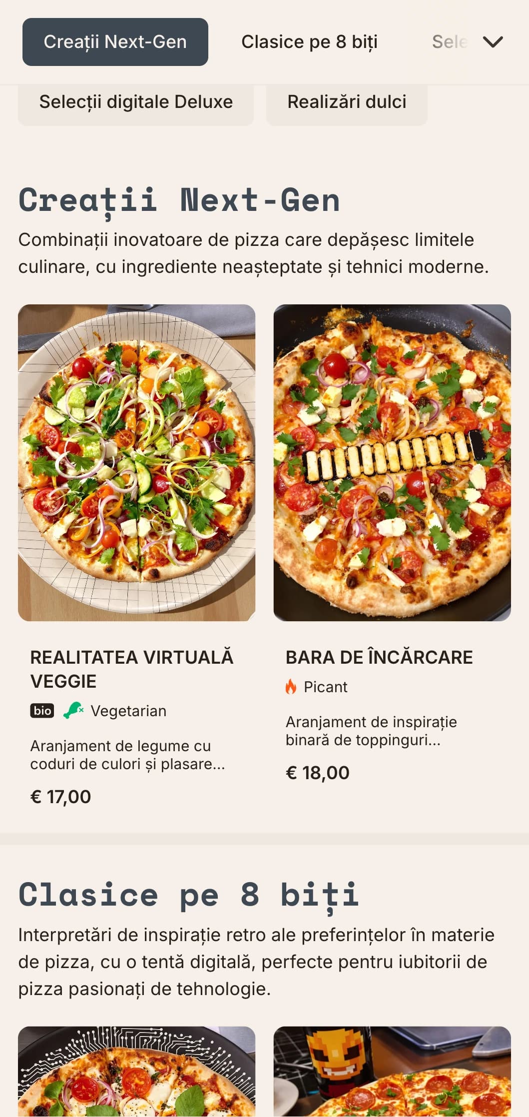 Meniu modern de pizza de inspirație tehnologică cu estetică digitală pentru concepte inovatoare de pizza.