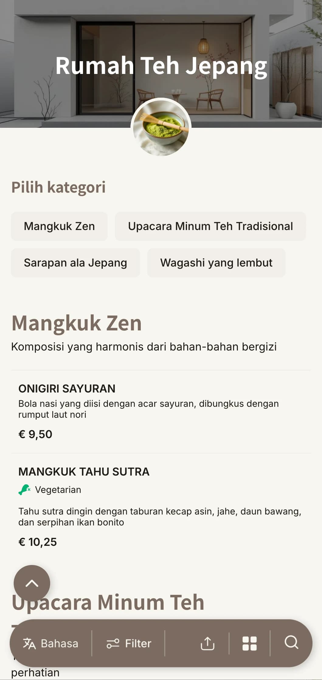 Desain minimalis yang terinspirasi oleh estetika Jepang untuk rumah teh dan kafe zen.