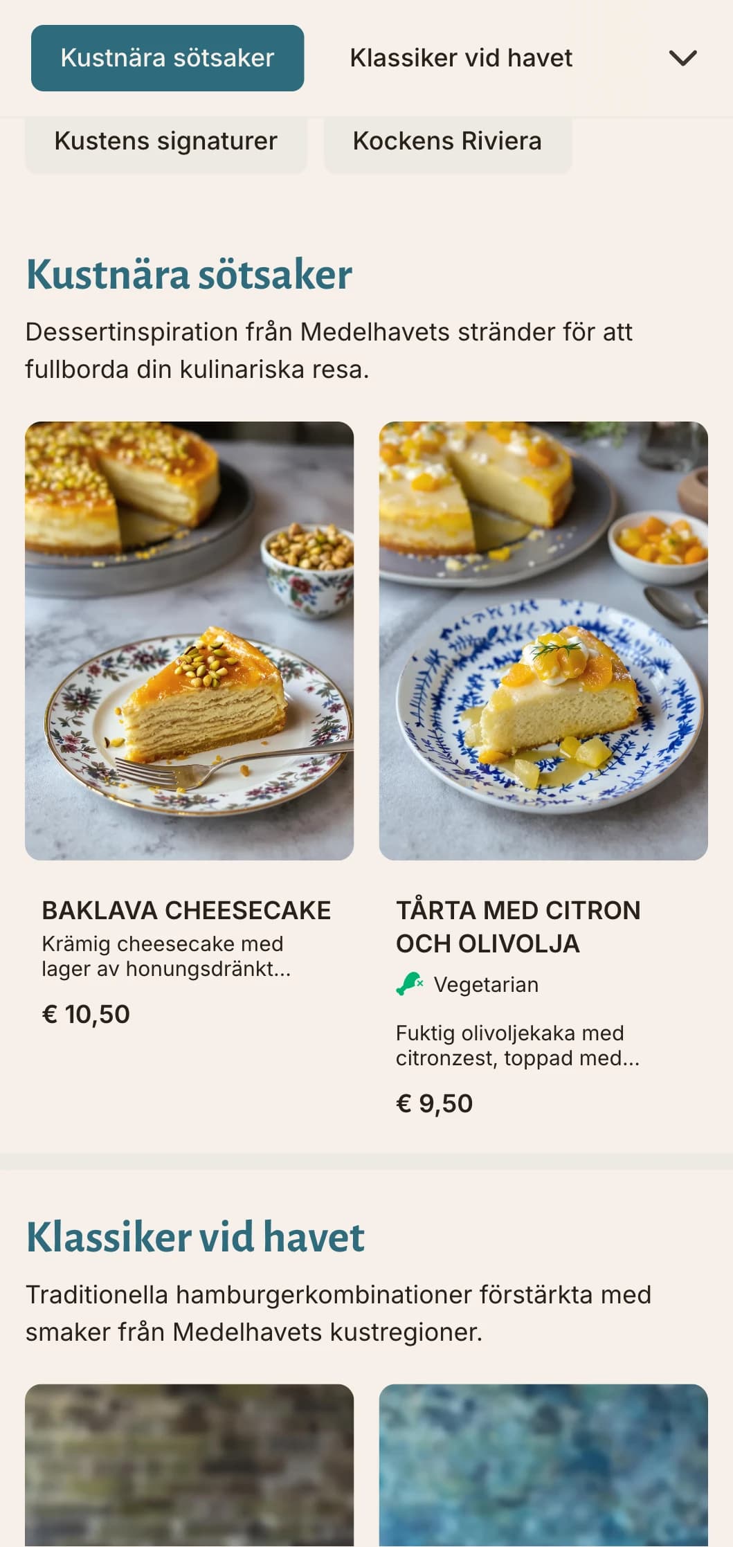 Kustinspirerad hamburgermeny med medelhavsblå accenter och fokus på färska råvaror.