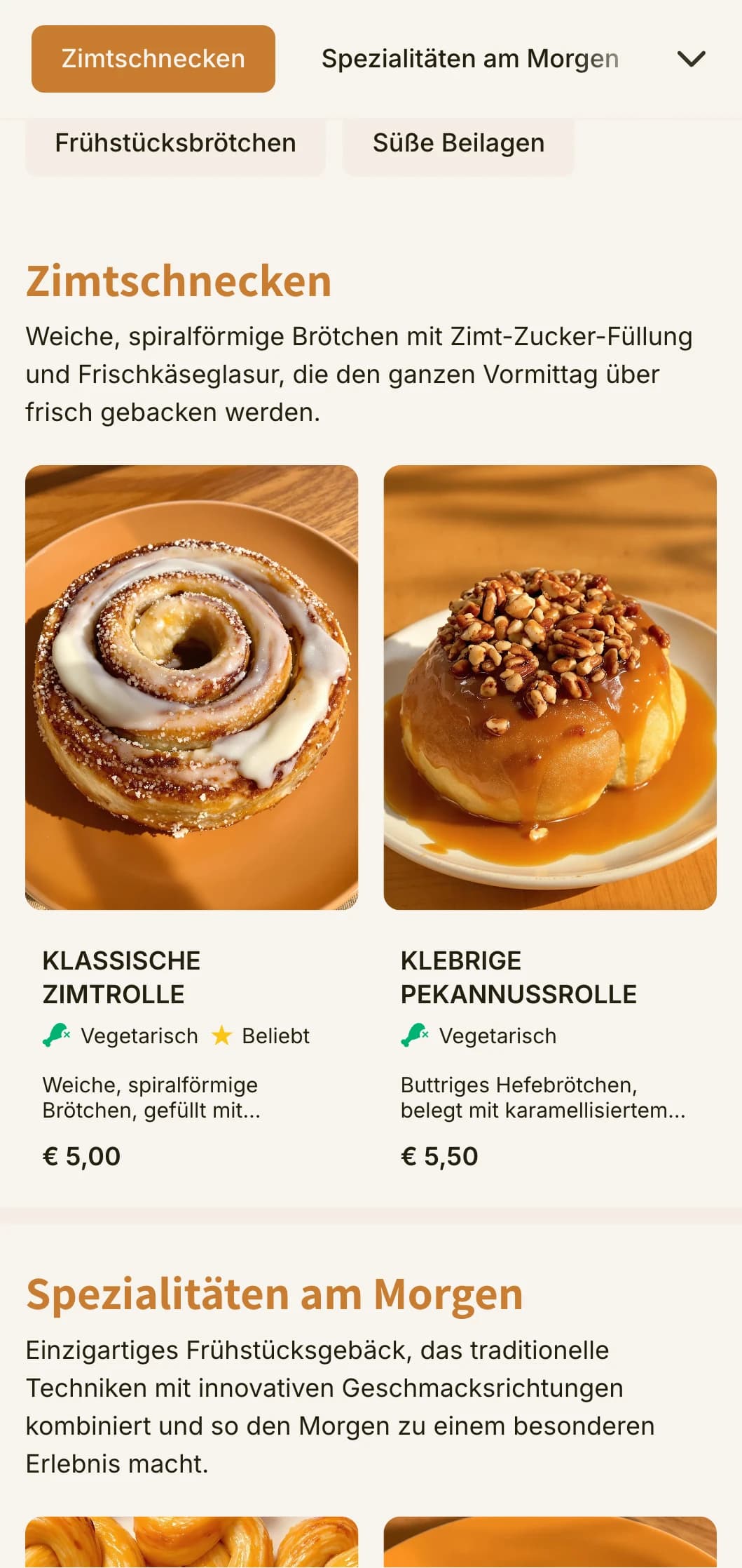 Ein warmes, einladendes Design für die Speisekarte einer Bäckerei mit orange-braunen Tönen und freundlicher Typografie, perfekt für Zimtschneckenläden und Spezialisten für Morgengebäck.