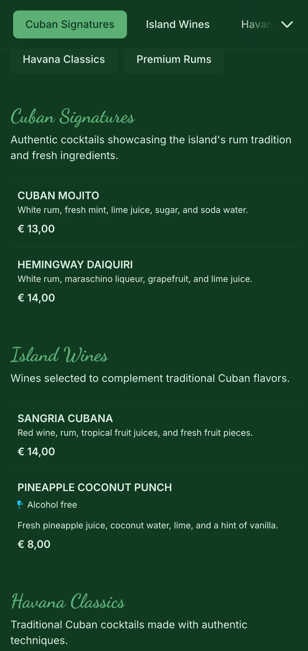 Tropical green design with vintage elements for Cuban-inspired rum bars.