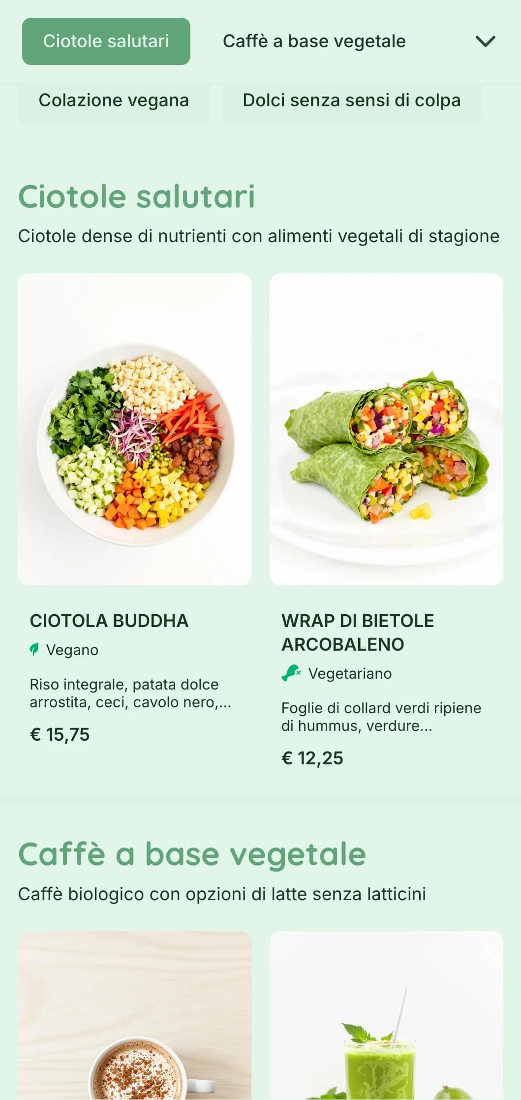 Un design fresco e verde che mette in risalto le offerte a base vegetale per i caffè vegani e i punti di ristoro.