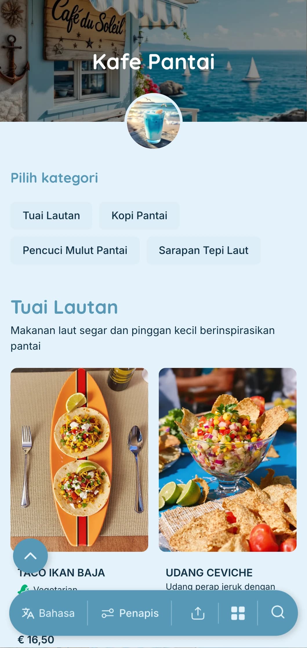Reka bentuk biru berangin dengan unsur pantai untuk kafe tepi laut dan kedai kopi berhadapan pantai.