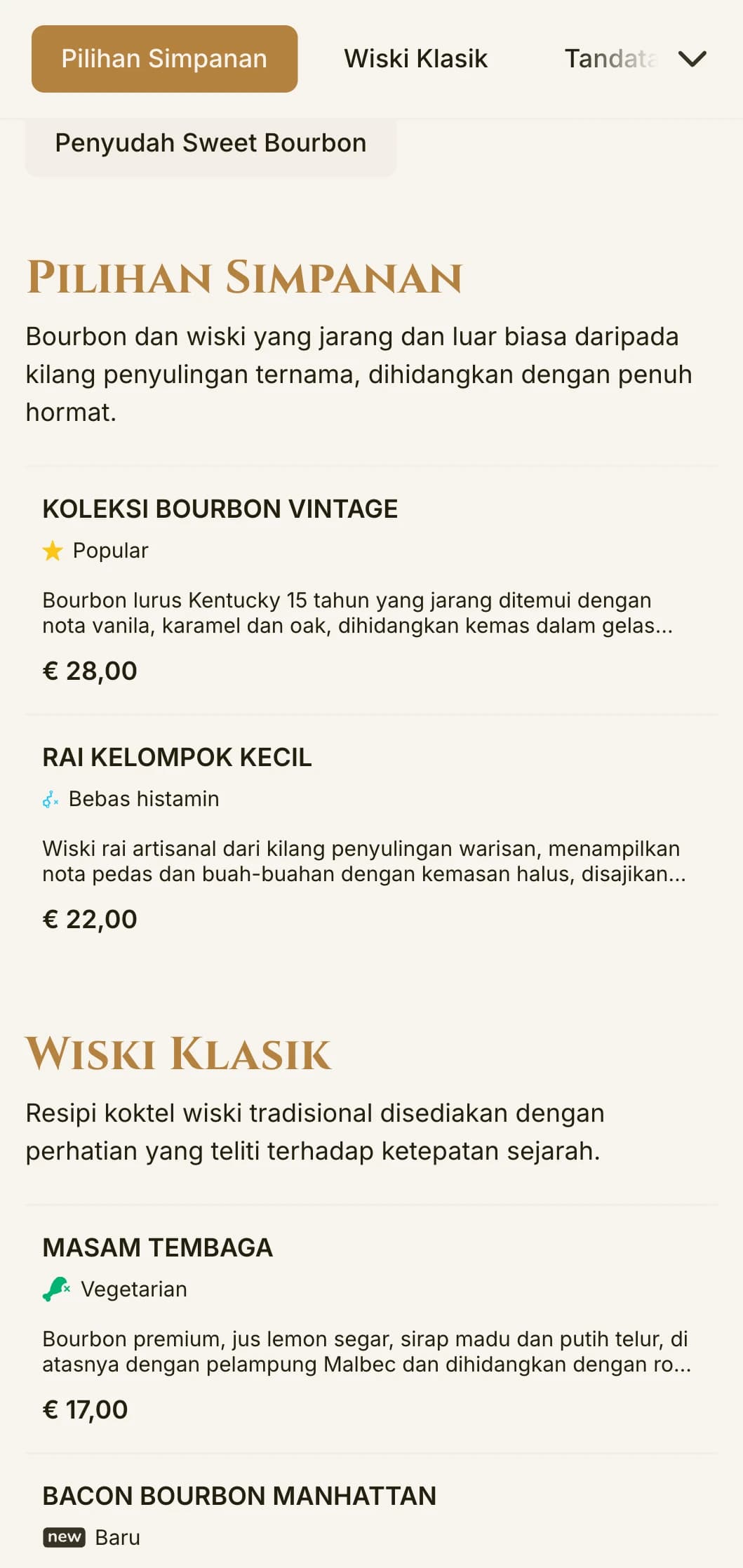 Reka bentuk yang elegan dan halus untuk bar bourbon dan lounge wiski yang menampilkan tipografi vintaj dan aksen ambar yang hangat.