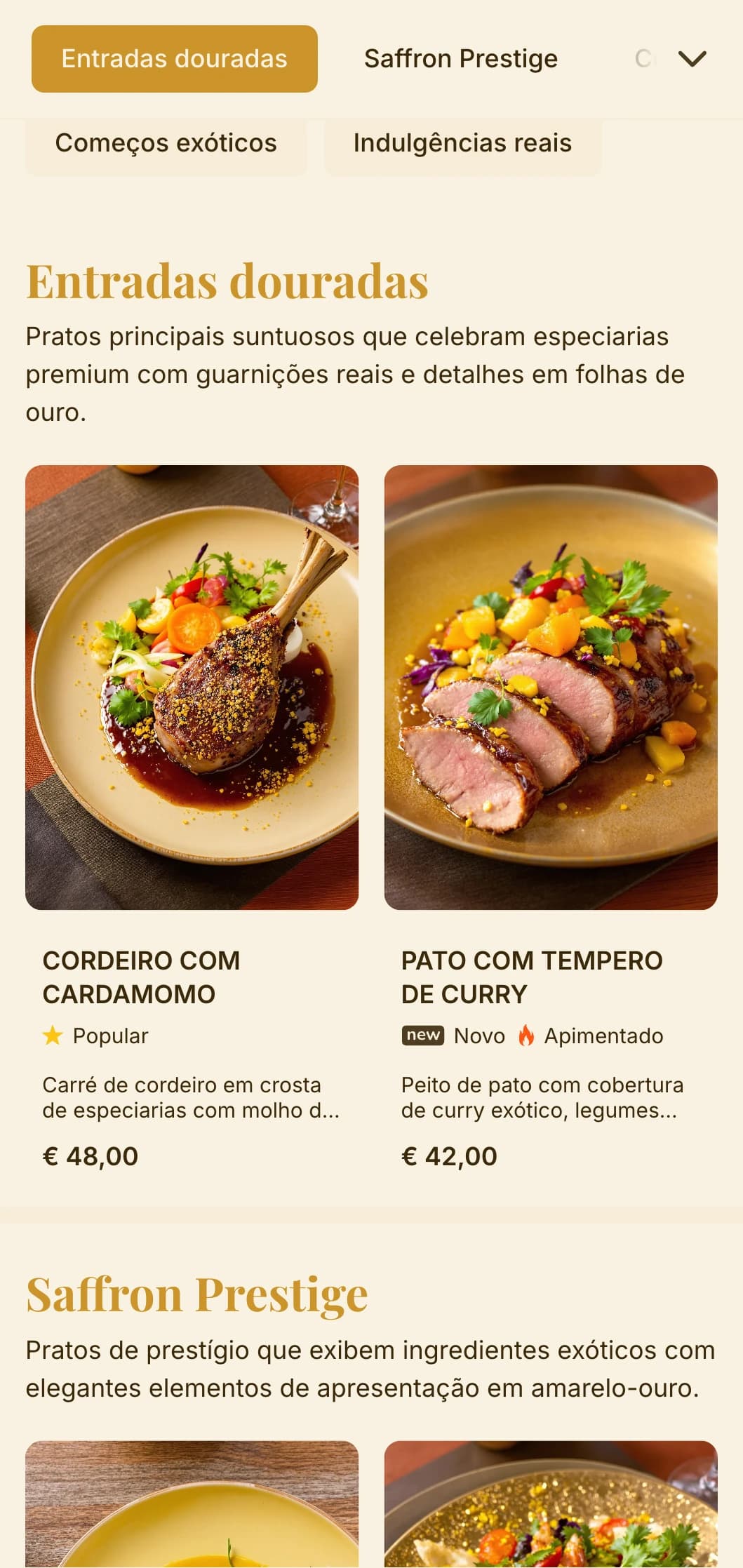 Conceito opulento inspirado em especiarias exóticas e tradições gastronômicas reais com ricos tons de ouro e açafrão.