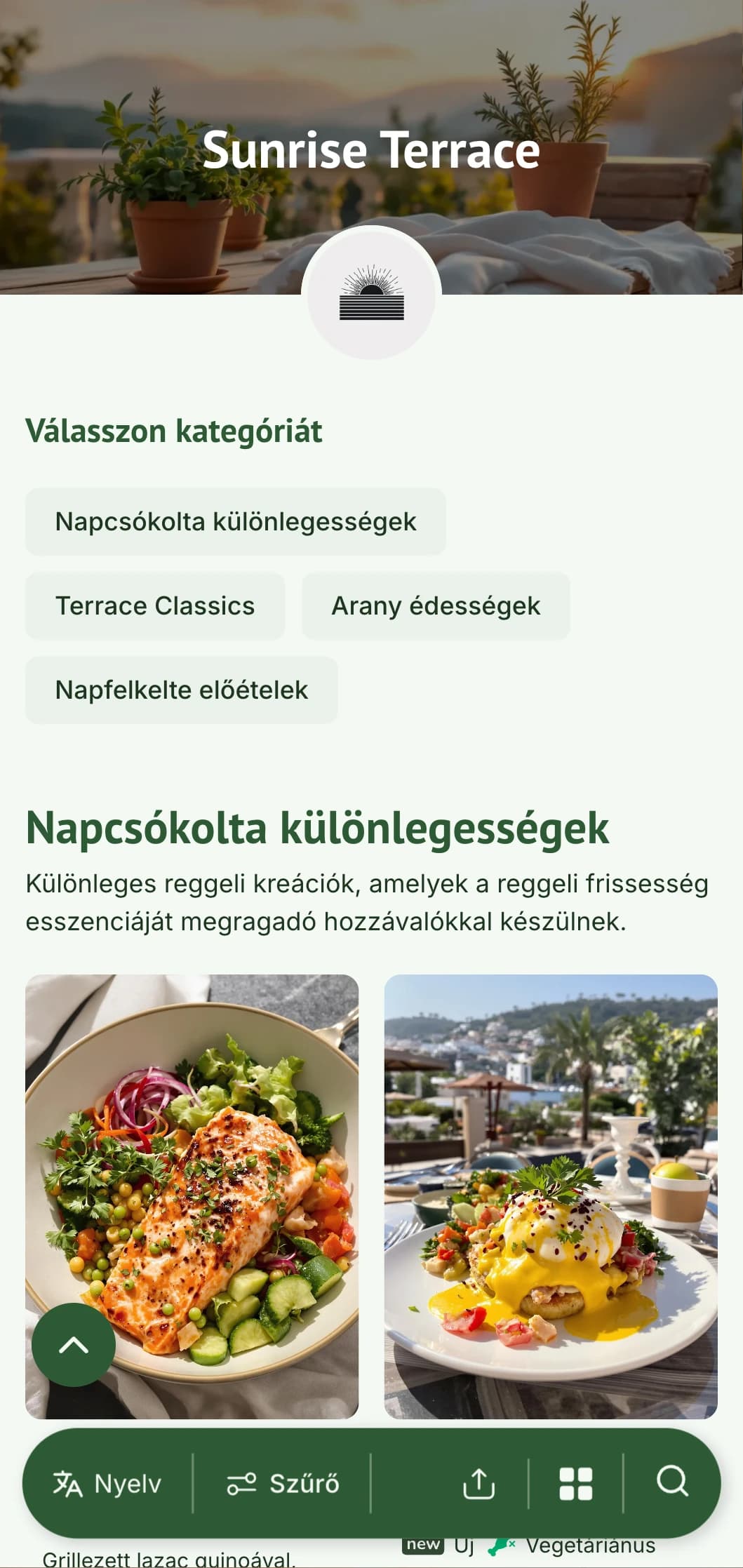 Világos, frissítő reggeli menü, amelyet friss, szezonális alapanyagokból, szabadtéri reggeli étkezéshez terveztek.