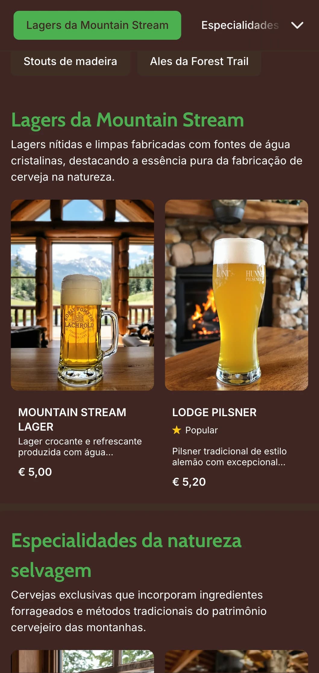 Design rústico e aconchegante inspirado em alojamentos nas montanhas, com texturas de madeira e elementos ao ar livre para cervejarias com tema de natureza selvagem.