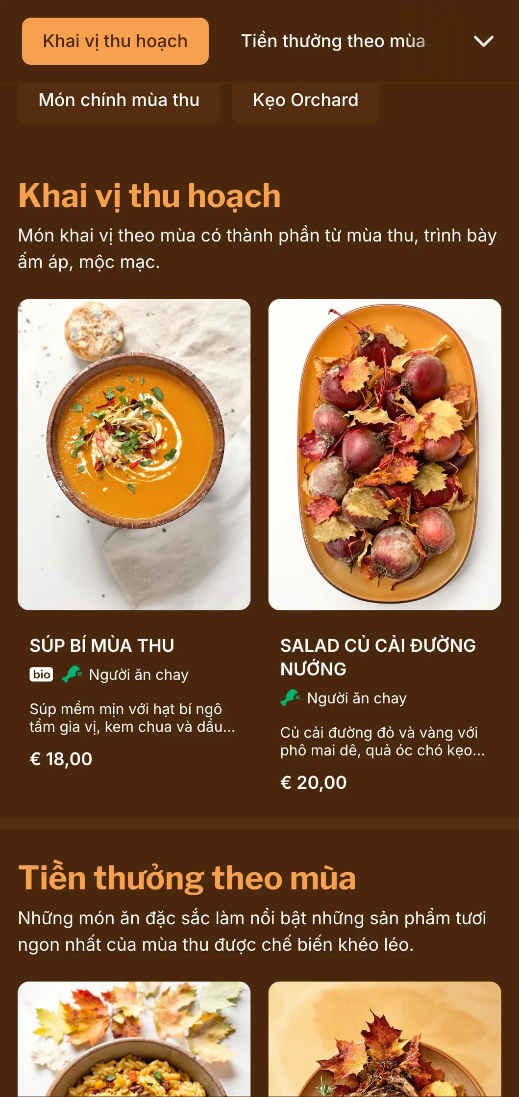 Thực đơn tối ấm áp lấy cảm hứng từ mùa thu với tông màu hổ phách đậm đà, lý tưởng cho ẩm thực theo mùa và các nhà hàng chú trọng vào mùa thu hoạch.