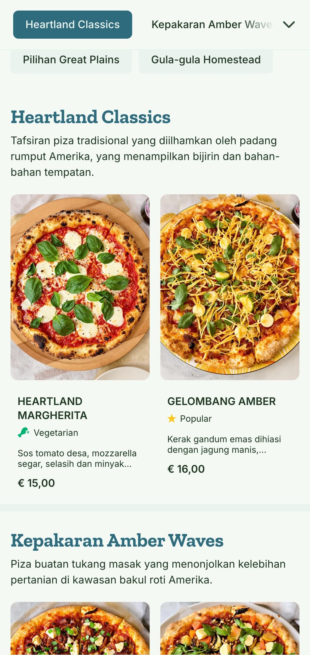 Menu piza yang diinspirasikan dari kawasan hati Amerika dengan motif gandum dan unsur semula jadi.